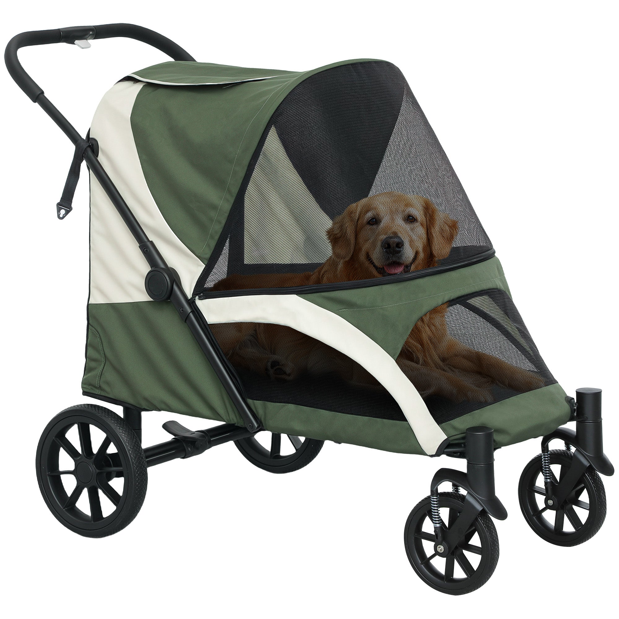Pet Stroller for Large Dogs with Shock-Absorbing Frame, Safety Leashes, Brakes, Dark Green