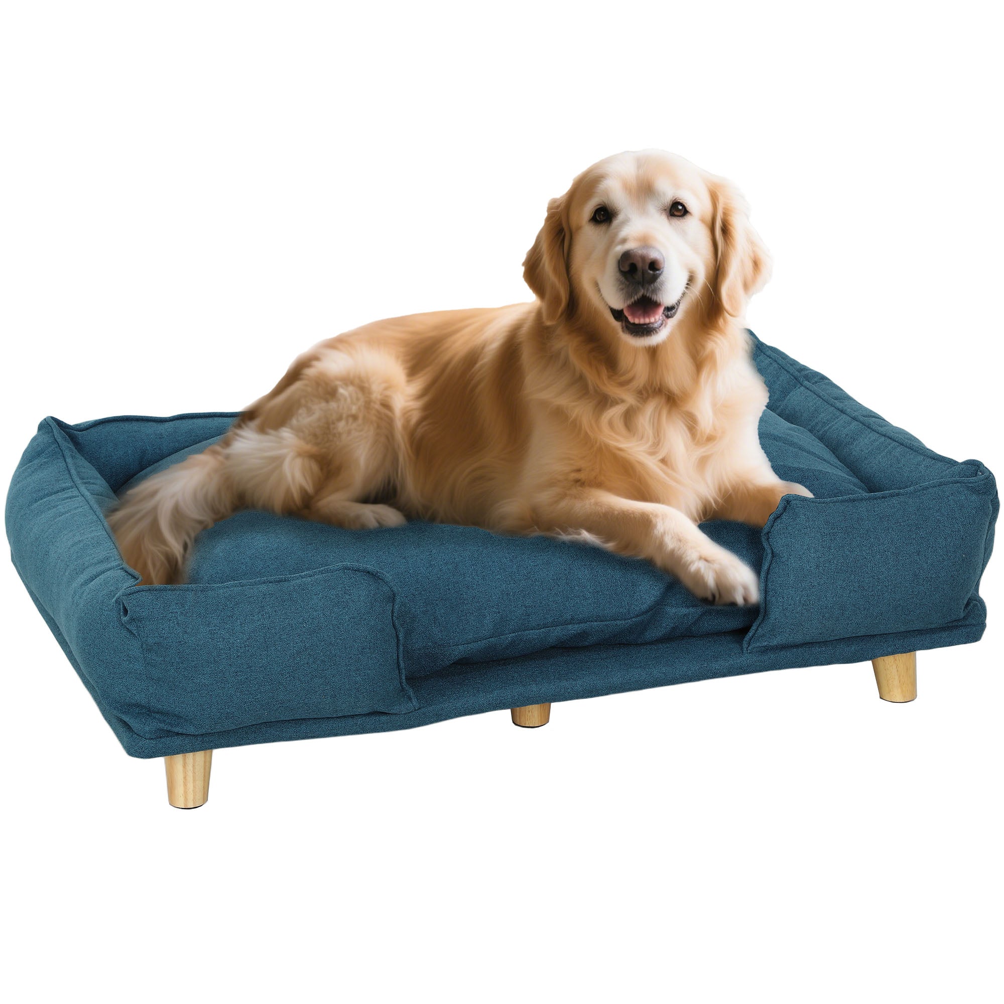 PawHut Large Dog Couch with Plush Cushion & Pine Wood Legs - Dark Blue