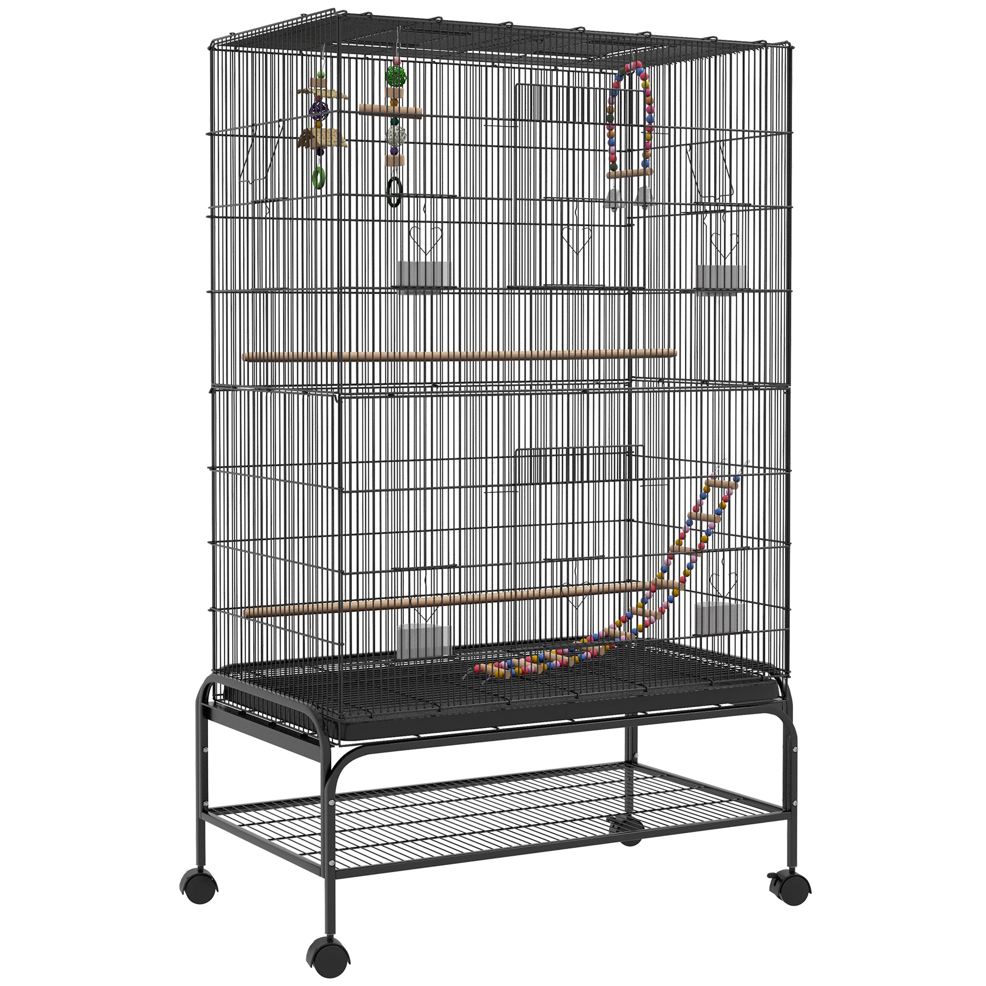 63" Bird Cage for Budgies Cockatiels Canaries Lovebirds Finches with Rolling Stand, Toys, Removable Tray, Storage Shelf, Black