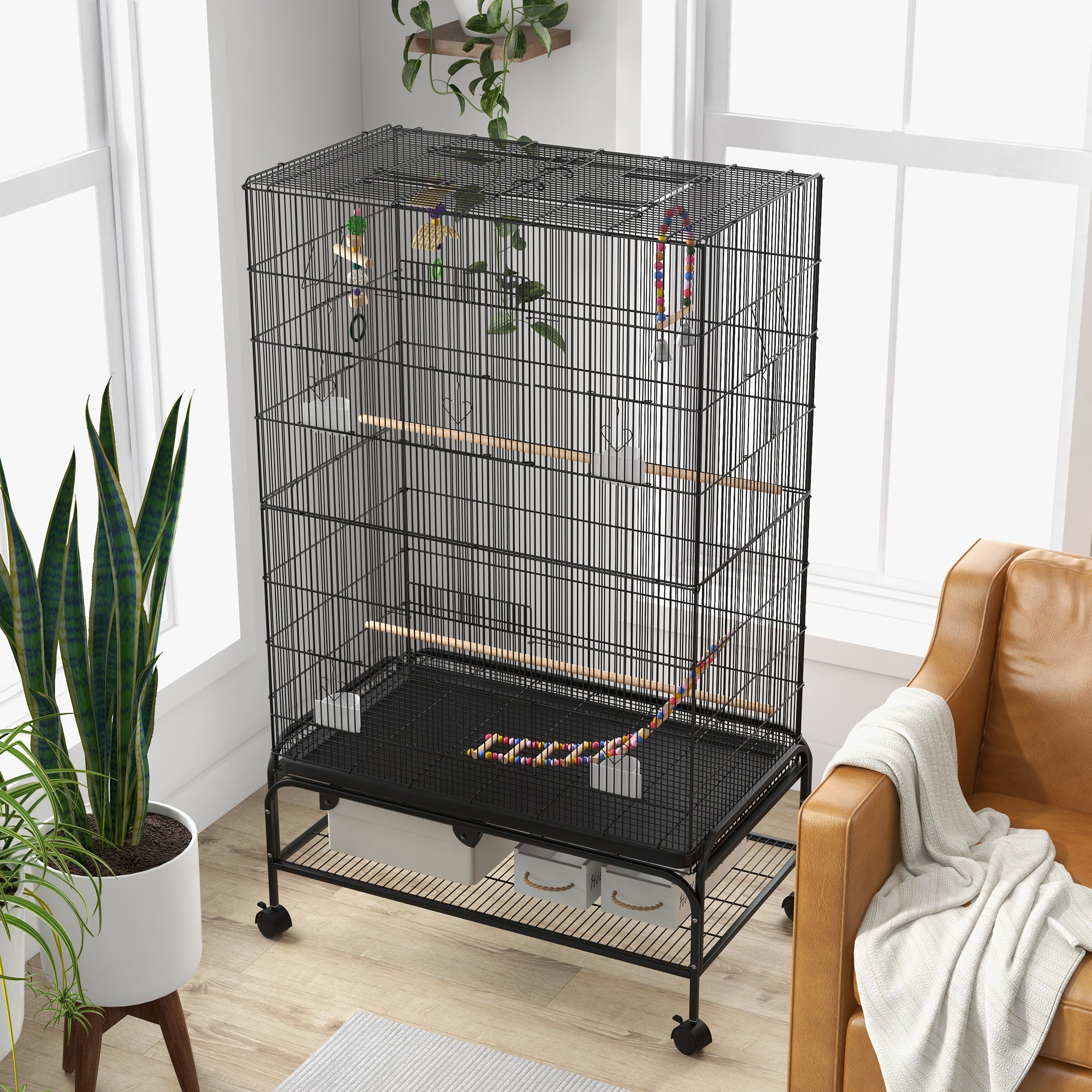 63" Bird Cage for Budgies Cockatiels Canaries Lovebirds Finches with Rolling Stand, Toys, Removable Tray, Storage Shelf, Black