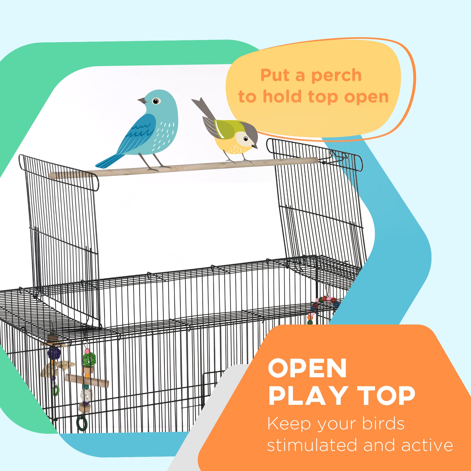 63" Bird Cage for Budgies Cockatiels Canaries Lovebirds Finches with Rolling Stand, Toys, Removable Tray, Storage Shelf, Black