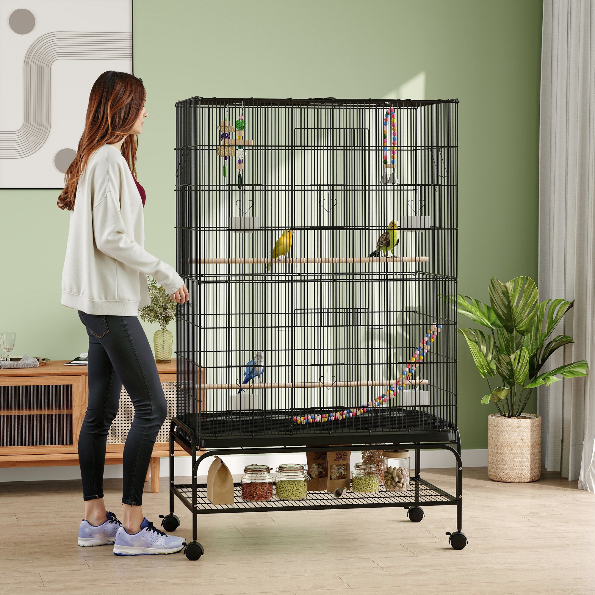 63" Bird Cage for Budgies Cockatiels Canaries Lovebirds Finches with Rolling Stand, Toys, Removable Tray, Storage Shelf, Black