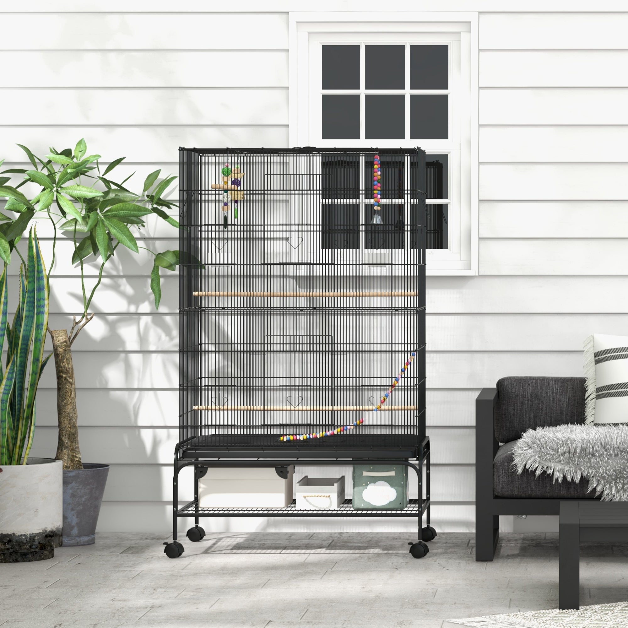 63" Bird Cage for Budgies Cockatiels Canaries Lovebirds Finches with Rolling Stand, Toys, Removable Tray, Storage Shelf, Black