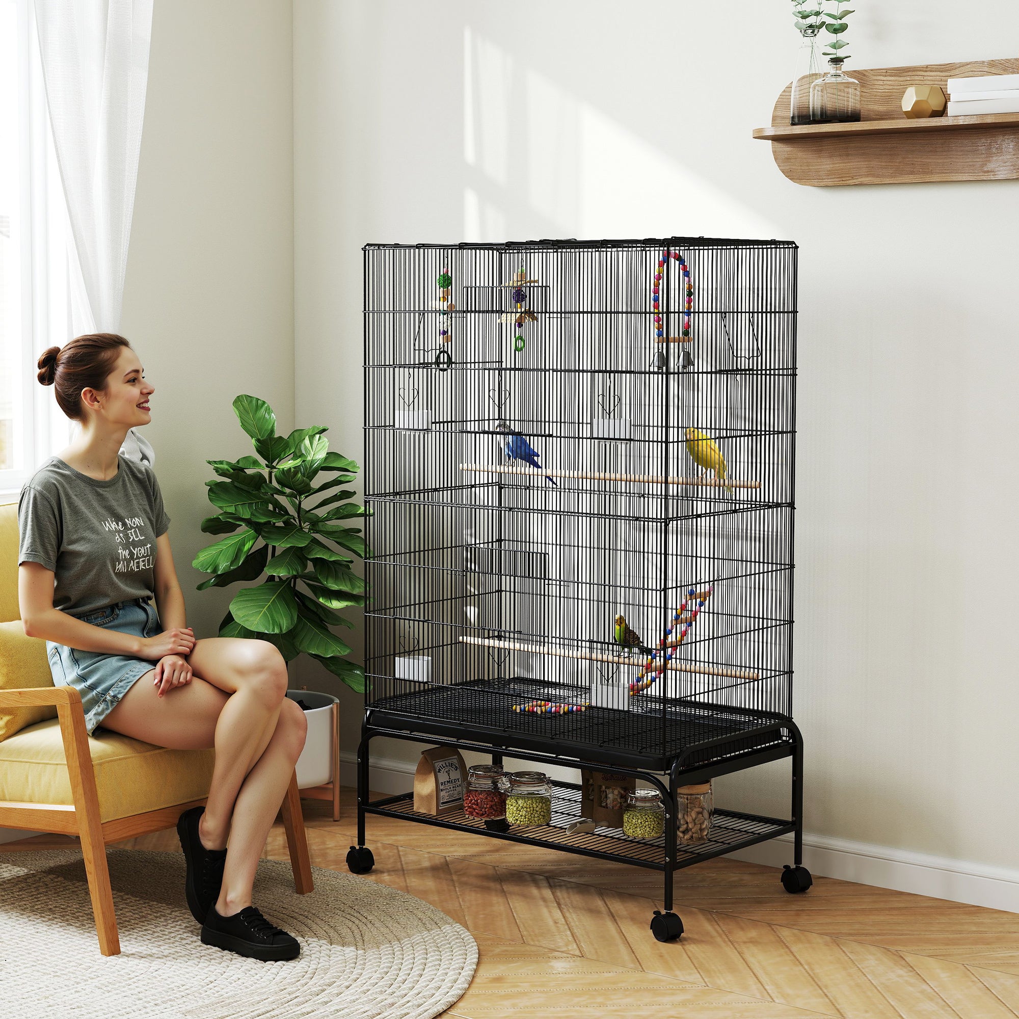 63" Bird Cage for Budgies Cockatiels Canaries Lovebirds Finches with Rolling Stand, Toys, Removable Tray, Storage Shelf, Black