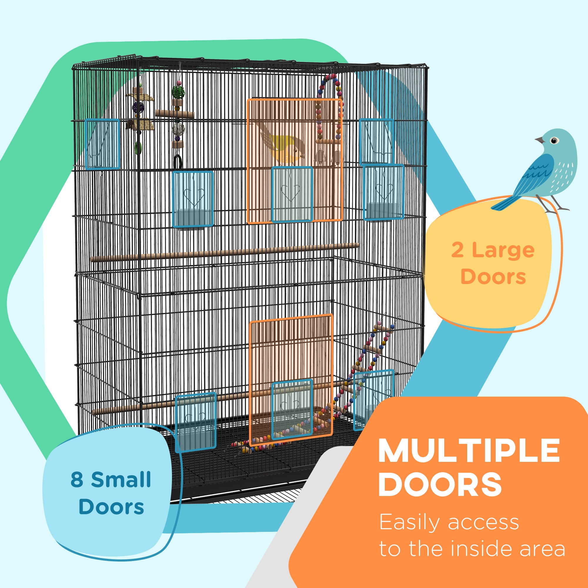 63" Bird Cage for Budgies Cockatiels Canaries Lovebirds Finches with Rolling Stand, Toys, Removable Tray, Storage Shelf, Black
