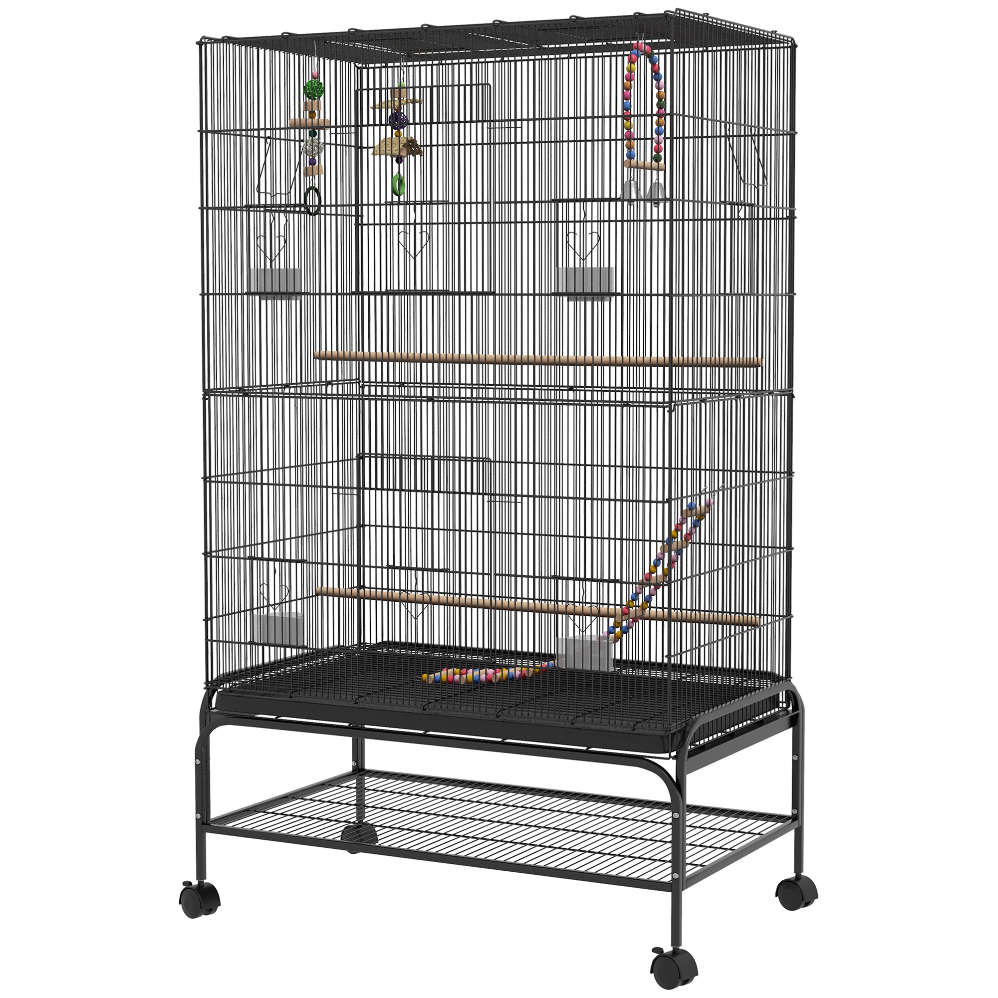 63" Bird Cage for Budgies Cockatiels Canaries Lovebirds Finches with Rolling Stand, Toys, Removable Tray, Storage Shelf, Black
