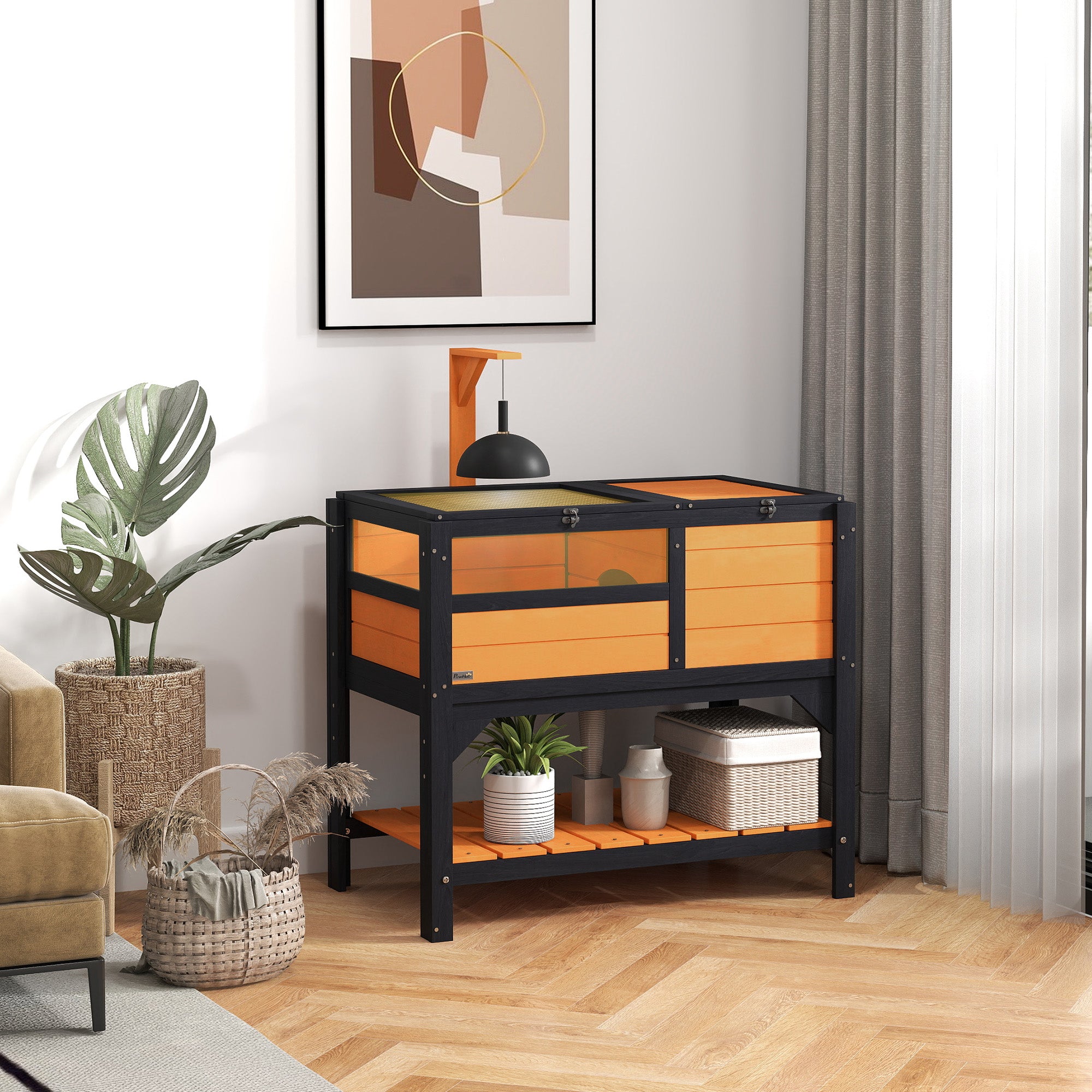 PawHut Tortoise Habitat with Shelf Storage, Tortoise Enclosure with Weather Protection, Tortoise Gift Accessory, Reptile Enclosure with Tray, Light Support Frame, Yellow
