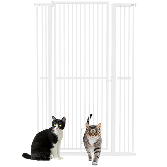 PawHut 59" Extra Tall Pet Gate for Cats, 30"-41" Cat Gate with Small Cat Door, 1.4" Narrow Gap, 2.8" and 5.5" Extension, Pressure Mounted No Drilling Dog Gate for Doorway, Hallway, Stairway, White