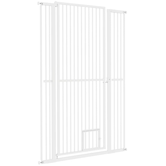 PawHut 59" Extra Tall Pet Gate for Cats, 30"-41" Cat Gate with Small Cat Door, 1.4" Narrow Gap, 2.8" and 5.5" Extension, Pressure Mounted No Drilling Dog Gate for Doorway, Hallway, Stairway, White