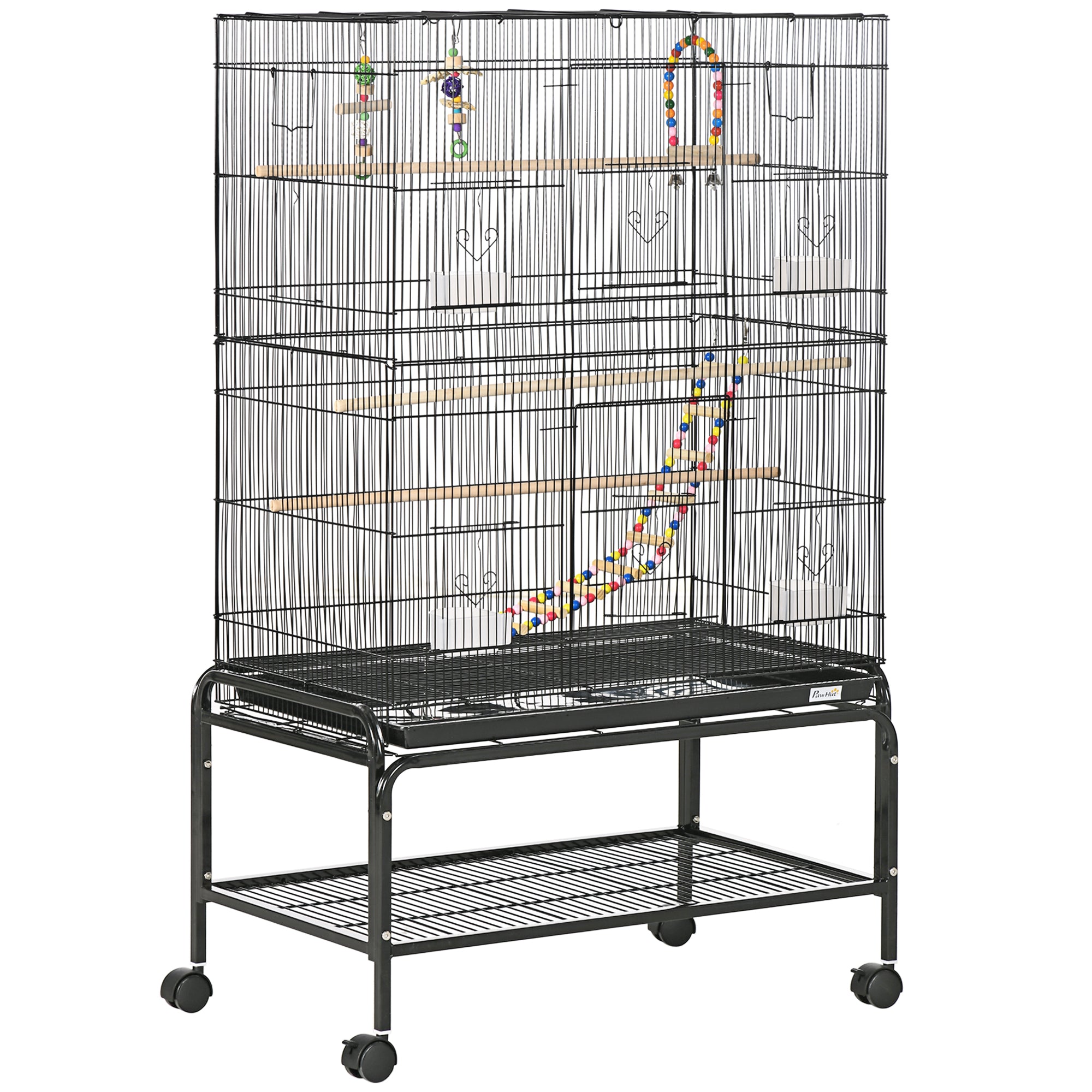 52" Bird Cage for Budgies Cockatiels Canaries Lovebirds Finches with Rolling Stand, Toys, Removable Tray, Storage Shelf, Black