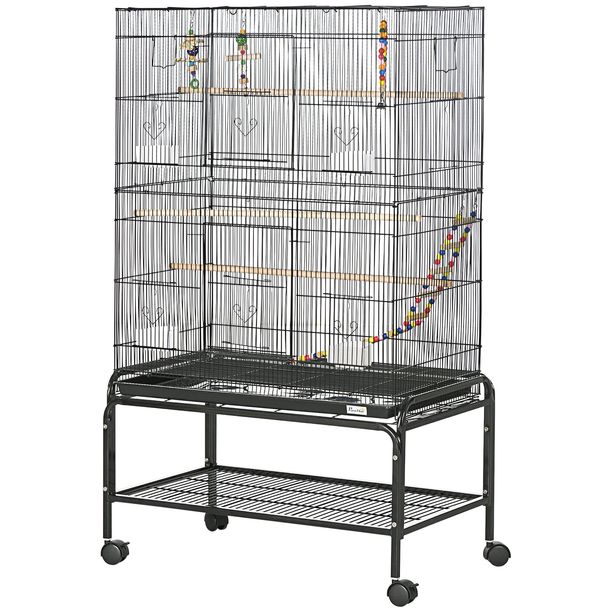 52" Bird Cage for Budgies Cockatiels Canaries Lovebirds Finches with Rolling Stand, Toys, Removable Tray, Storage Shelf, Black