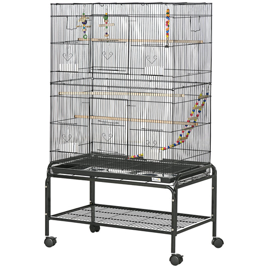 52" Bird Cage for Budgies Cockatiels Canaries Lovebirds Finches with Rolling Stand, Toys, Removable Tray, Storage Shelf, Black