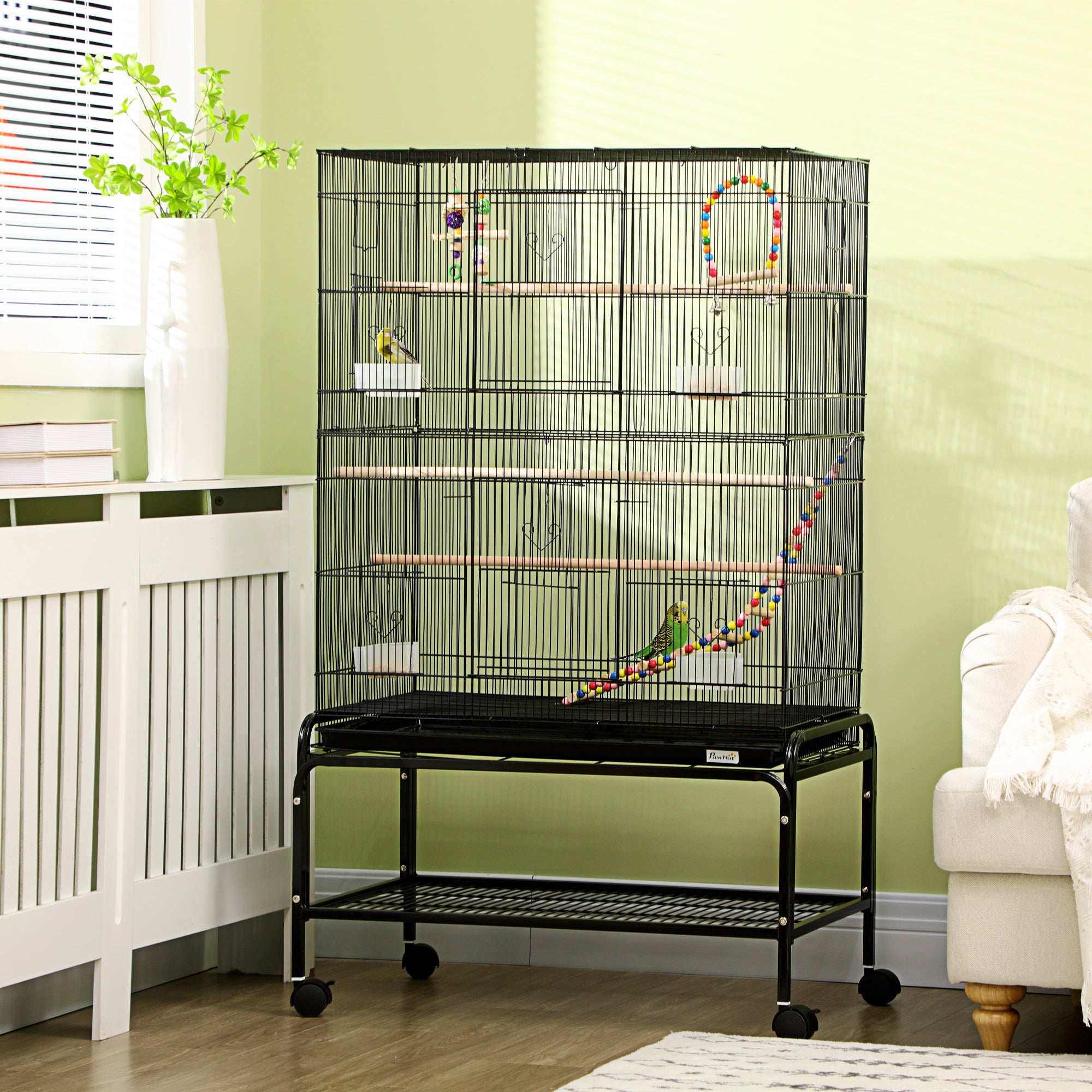 52" Bird Cage for Budgies Cockatiels Canaries Lovebirds Finches with Rolling Stand, Toys, Removable Tray, Storage Shelf, Black