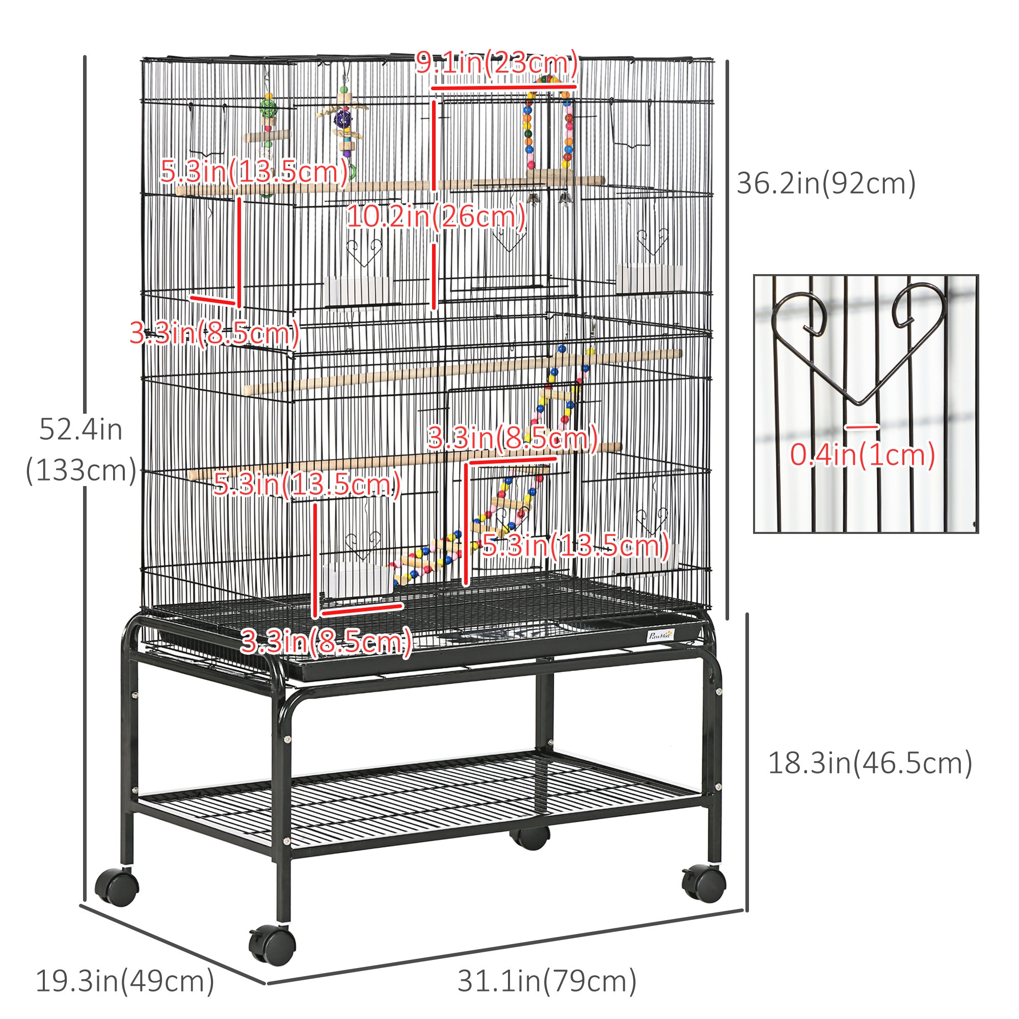 52" Bird Cage for Budgies Cockatiels Canaries Lovebirds Finches with Rolling Stand, Toys, Removable Tray, Storage Shelf, Black