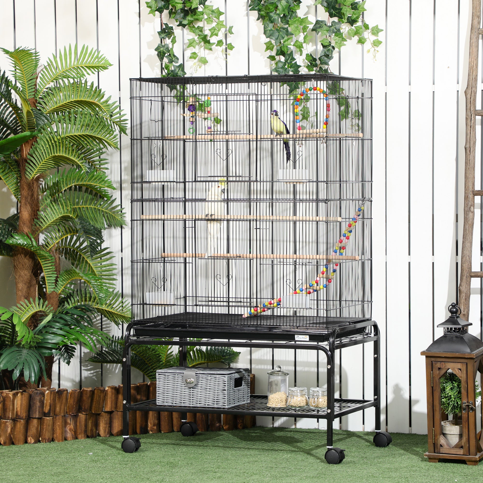52" Bird Cage for Budgies Cockatiels Canaries Lovebirds Finches with Rolling Stand, Toys, Removable Tray, Storage Shelf, Black
