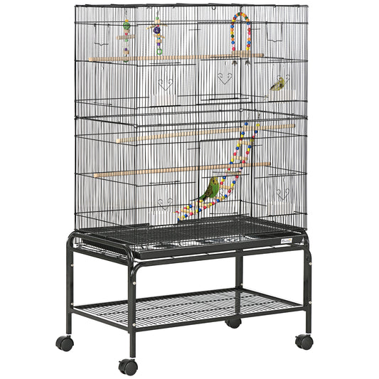 52" Bird Cage for Budgies Cockatiels Canaries Lovebirds Finches with Rolling Stand, Toys, Removable Tray, Storage Shelf, Black