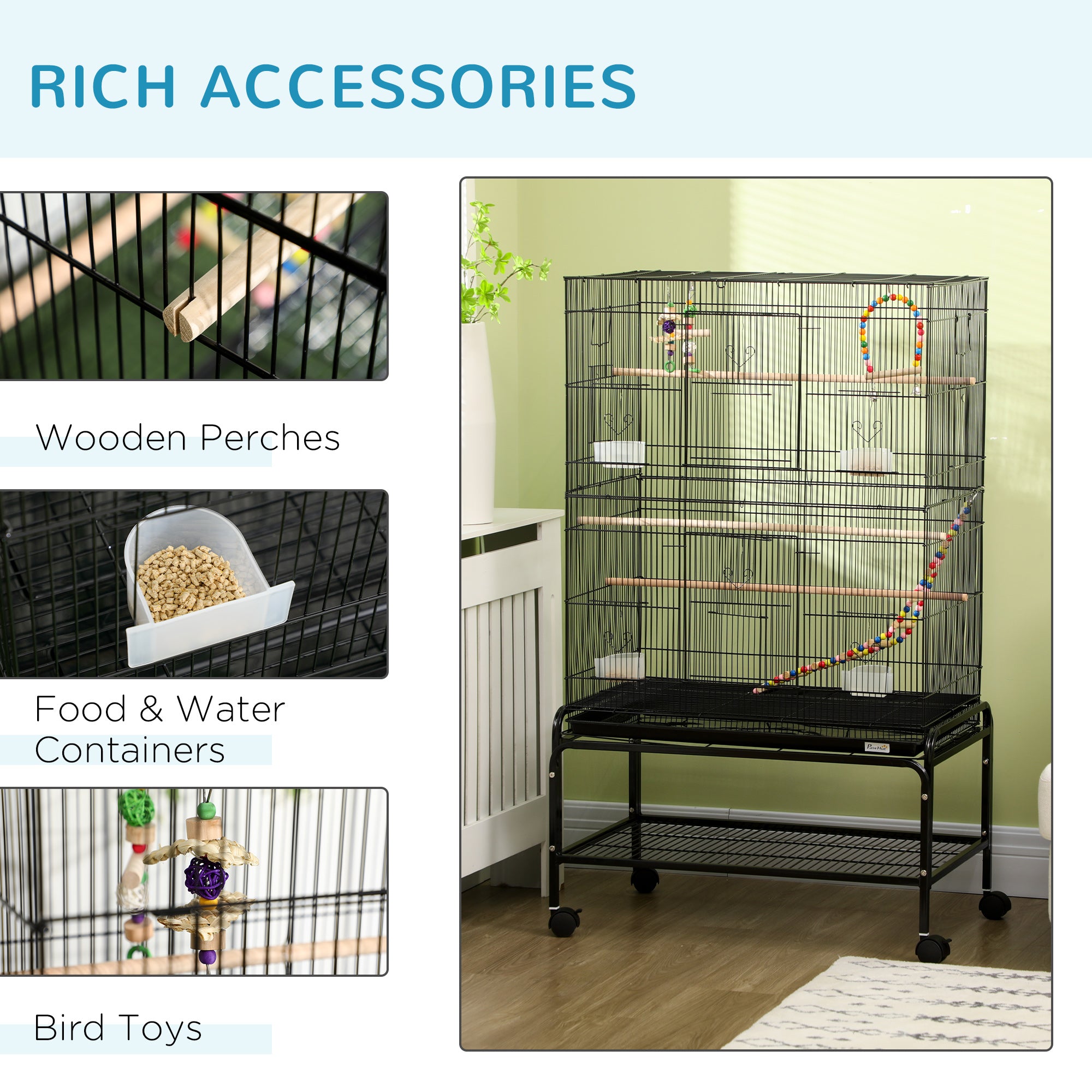 52" Bird Cage for Budgies Cockatiels Canaries Lovebirds Finches with Rolling Stand, Toys, Removable Tray, Storage Shelf, Black