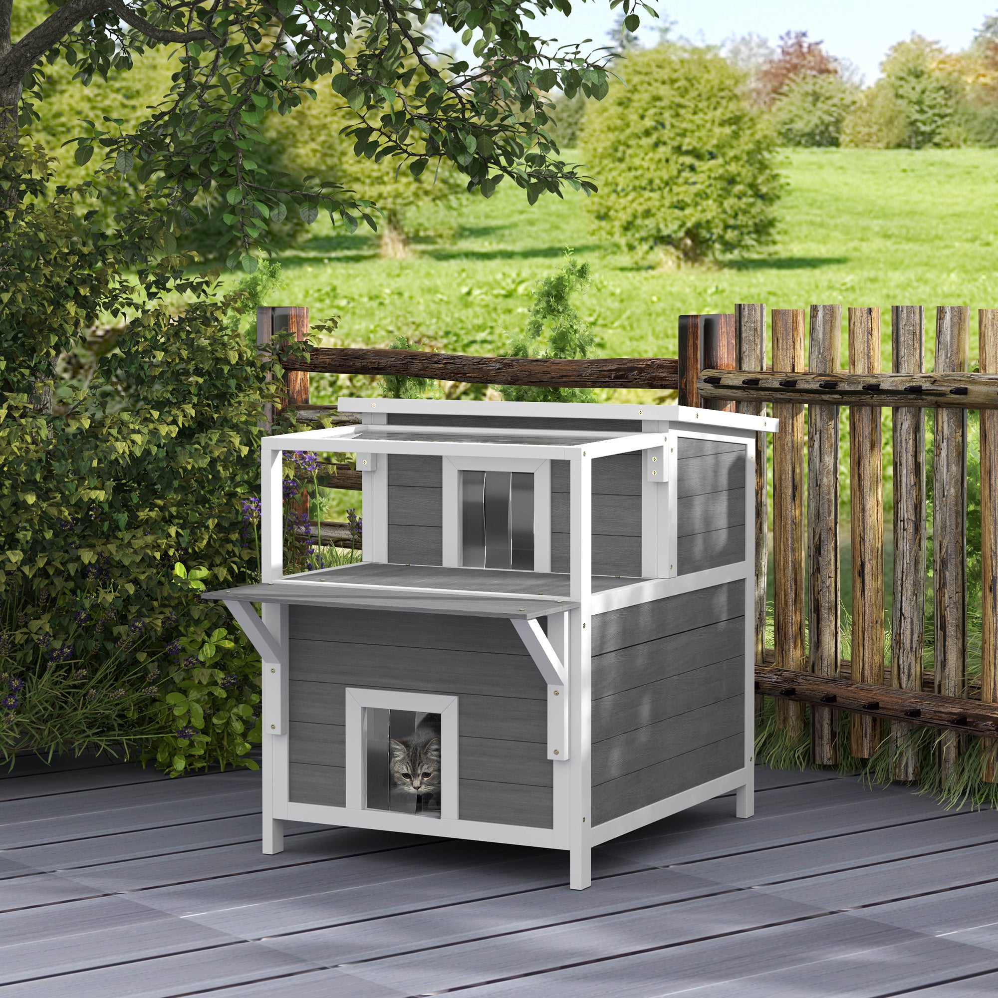 PawHut 2-Story Outdoor Cat House with Balcony, Weatherproof Feral Cat Shelter with Openable Top, Escape Door, Removable Panel & Floor, Wooden Cat House for Outside, Backyard, Light Gray