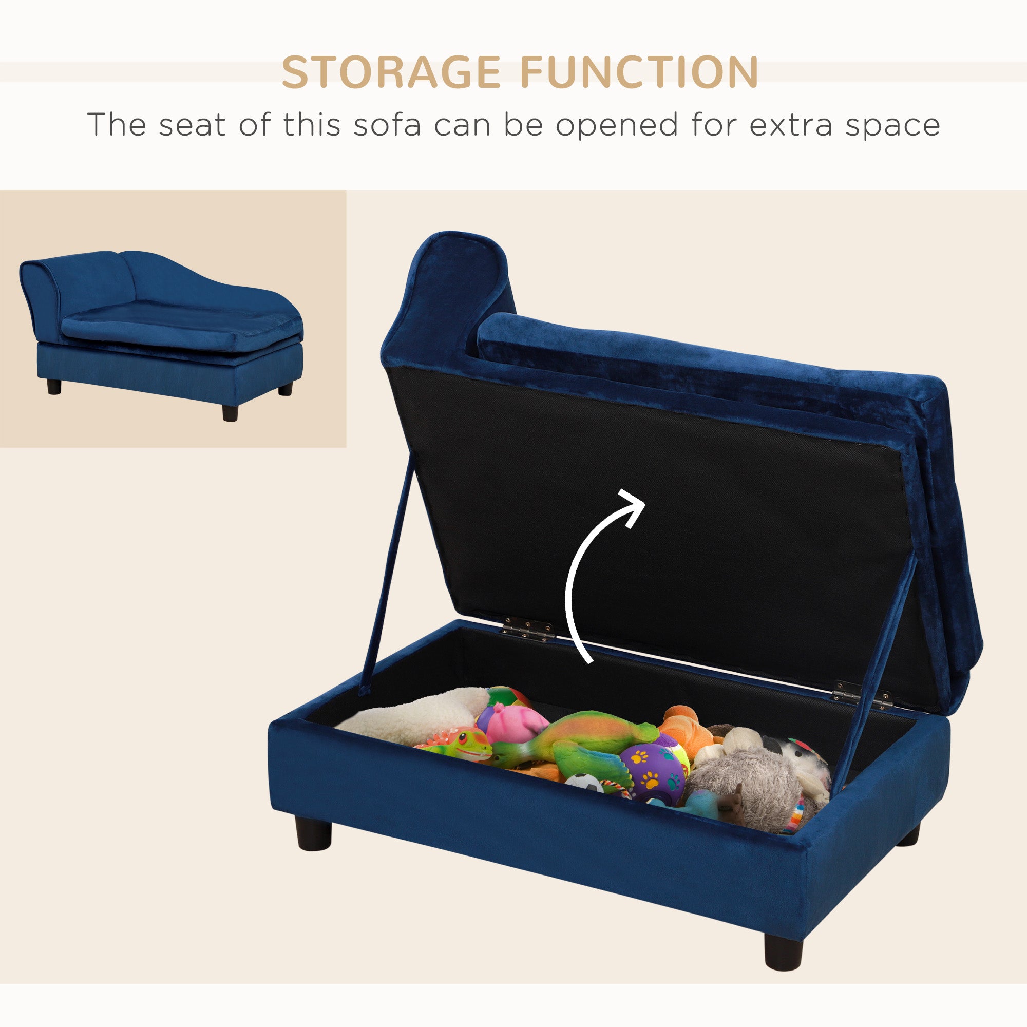 PawHut Luxury Fancy Dog Bed for Small Dogs with Hidden Storage, Small Dog Couch with Soft 2" Foam, Dog Sofa Bed, Cushy Dog Bed, Modern Pet Furniture for Puppies and Little Breeds, Blue