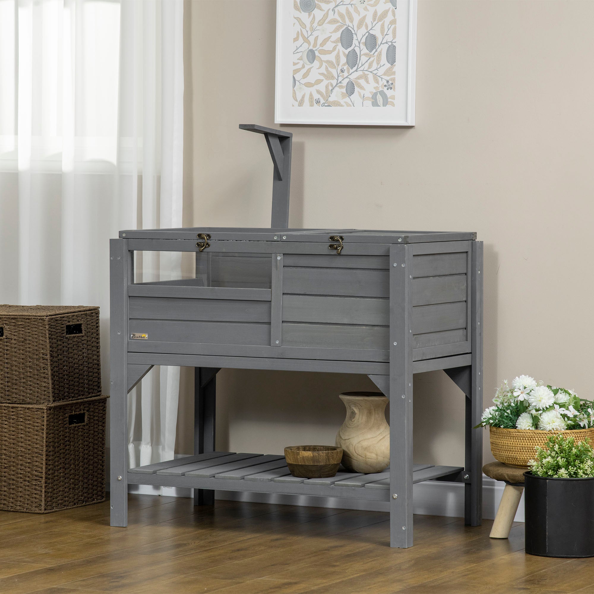 PawHut Tortoise Habitat with Shelf Storage, Tortoise Enclosure with Weather Protection, Tortoise Gift Accessory, Reptile Enclosure with Tray, Light Support Frame, Gray