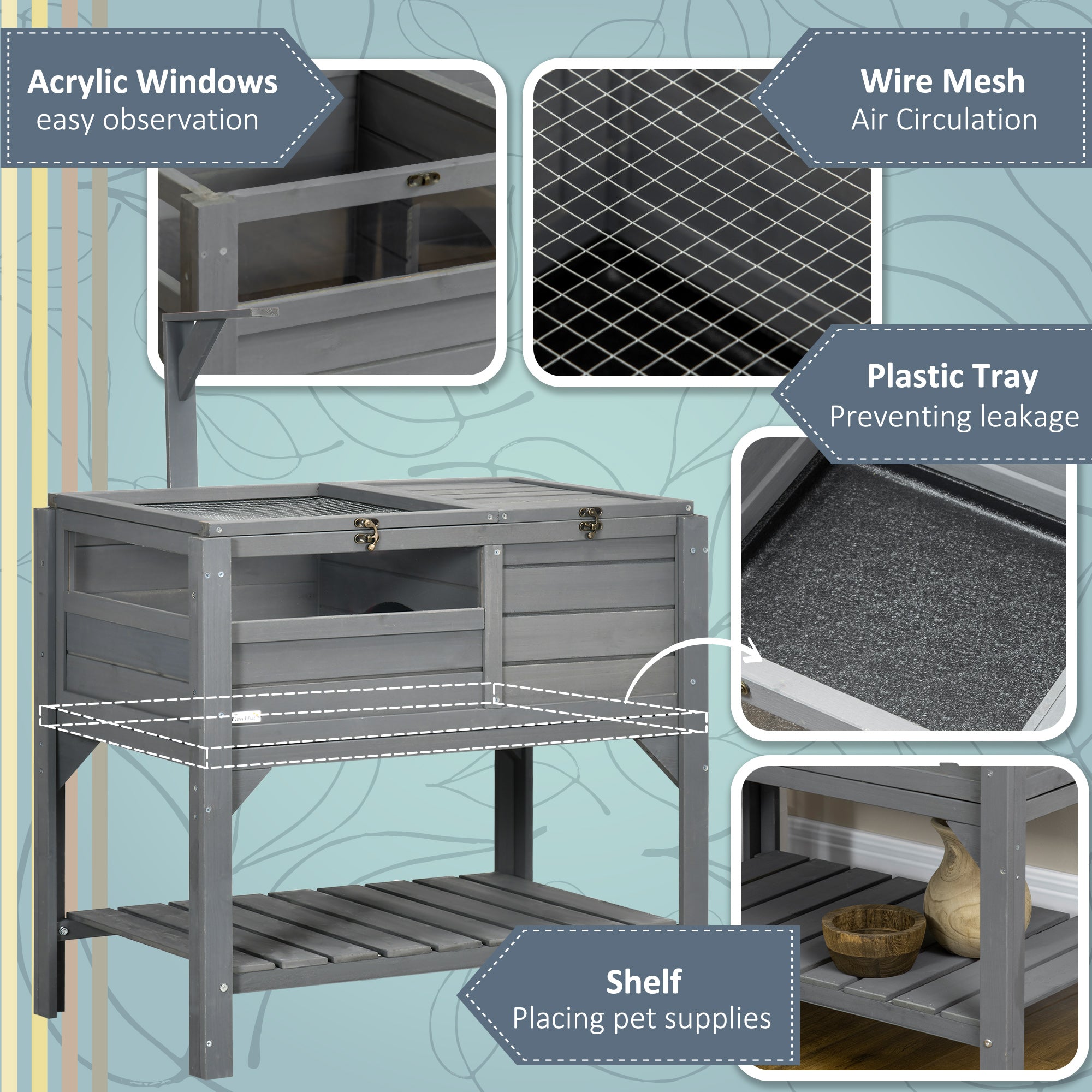PawHut Tortoise Habitat with Shelf Storage, Tortoise Enclosure with Weather Protection, Tortoise Gift Accessory, Reptile Enclosure with Tray, Light Support Frame, Gray