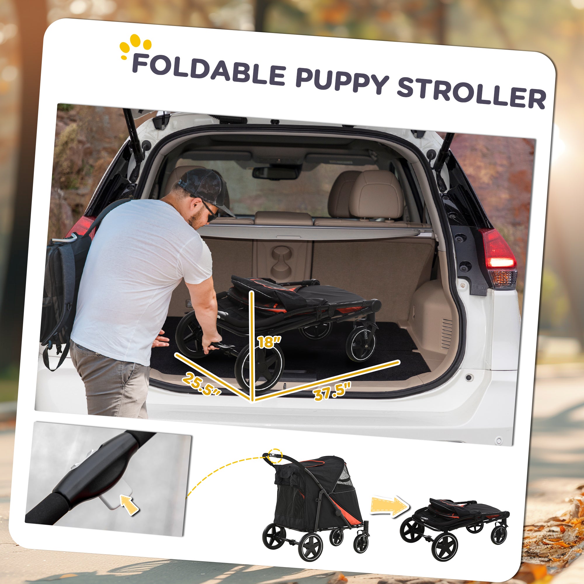 PawHut Dog Stroller for Large Medium Small Dogs up to 66 Lbs. 23.5" in Body Length, One-Click Foldable Pet Cat Stroller with Storage, Shock Absorption Wheels, Mesh Window, Safety Leash, Black
