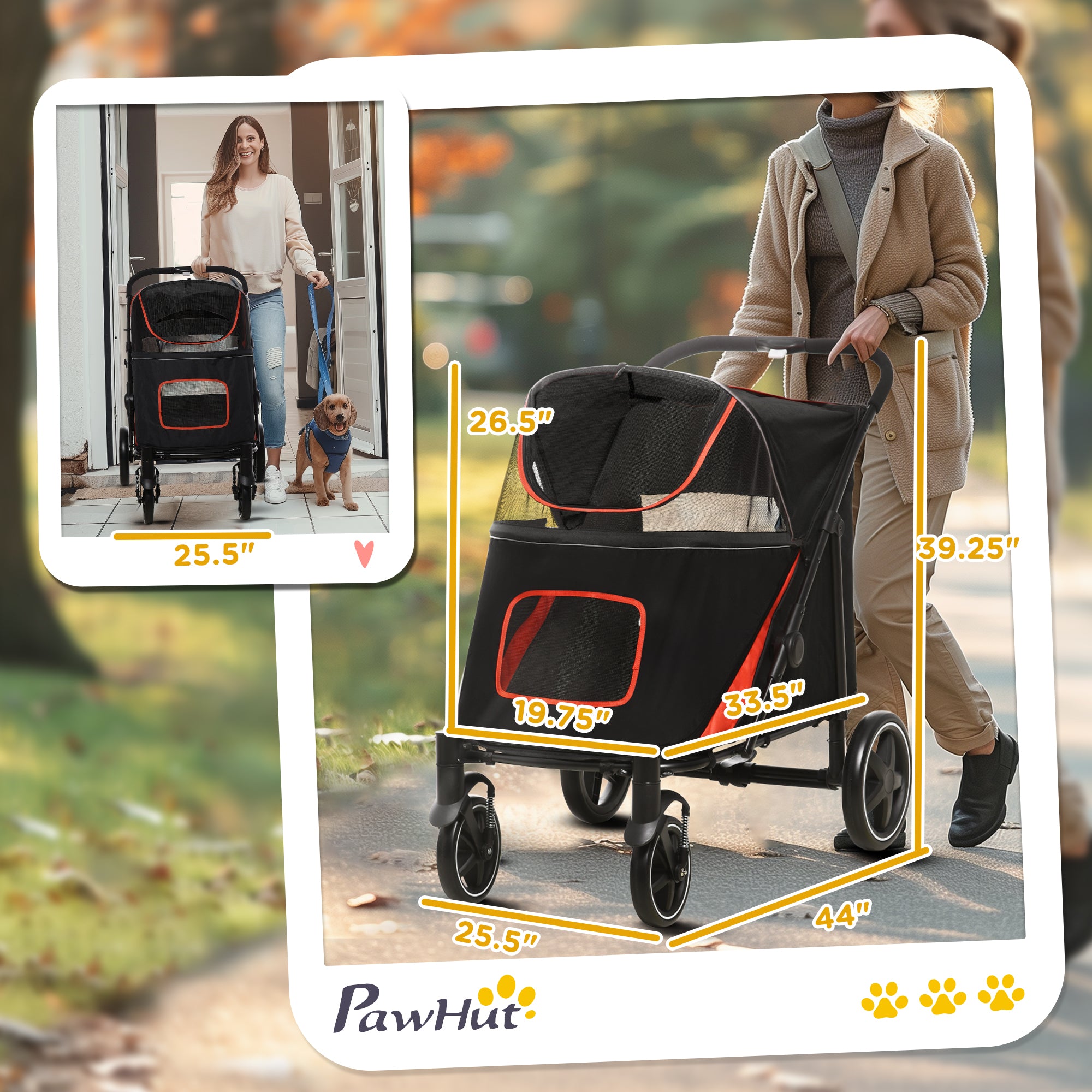 PawHut Dog Stroller for Large Medium Small Dogs up to 66 Lbs. 23.5" in Body Length, One-Click Foldable Pet Cat Stroller with Storage, Shock Absorption Wheels, Mesh Window, Safety Leash, Black