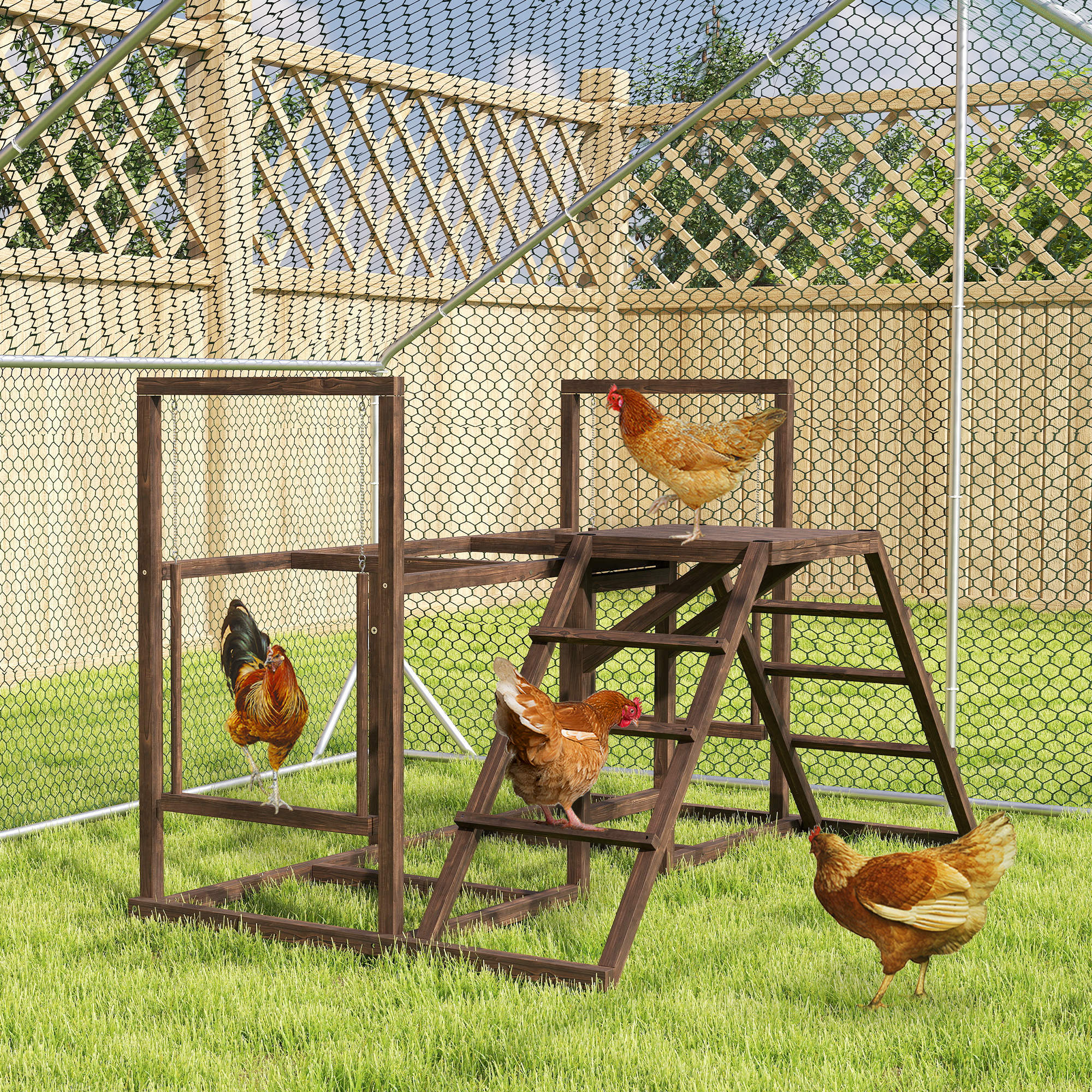PawHut Chicken Activity Play Set, Chicken Coop Accessory with Multiple Chicken Perches, Swings, Ladders, Platform, Wooden Chicken Toys for 4-6 Chickens, Coffee