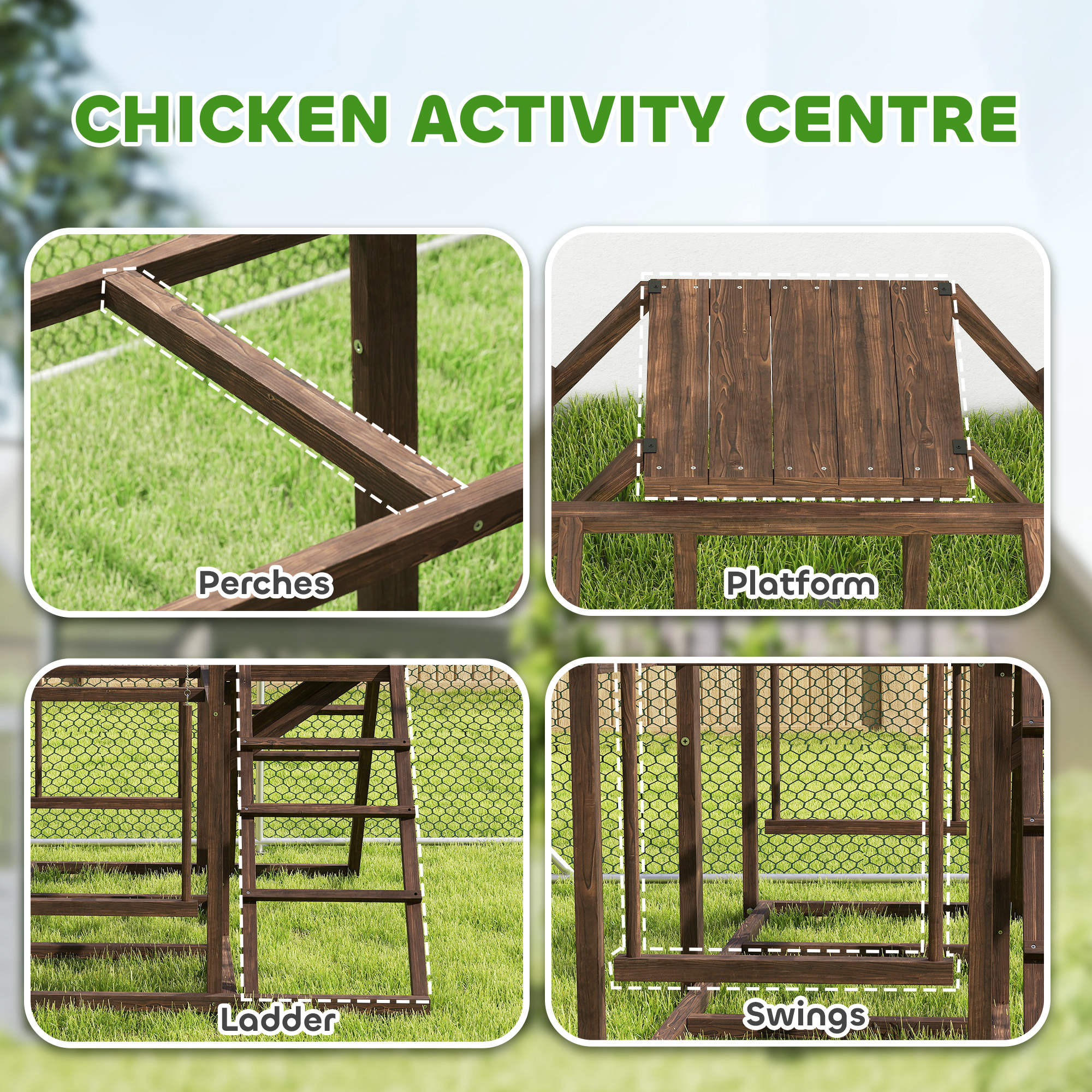 PawHut Chicken Activity Play Set, Chicken Coop Accessory with Multiple Chicken Perches, Swings, Ladders, Platform, Wooden Chicken Toys for 4-6 Chickens, Coffee