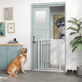 Load image into Gallery viewer, Dog Gate, Walk Through Pet Gate with Small Pet Door, Auto Close, for Doorways, House, Stair, 2 Extension Kits, Pressure Mount Kit, 30"-41" W x 38" H