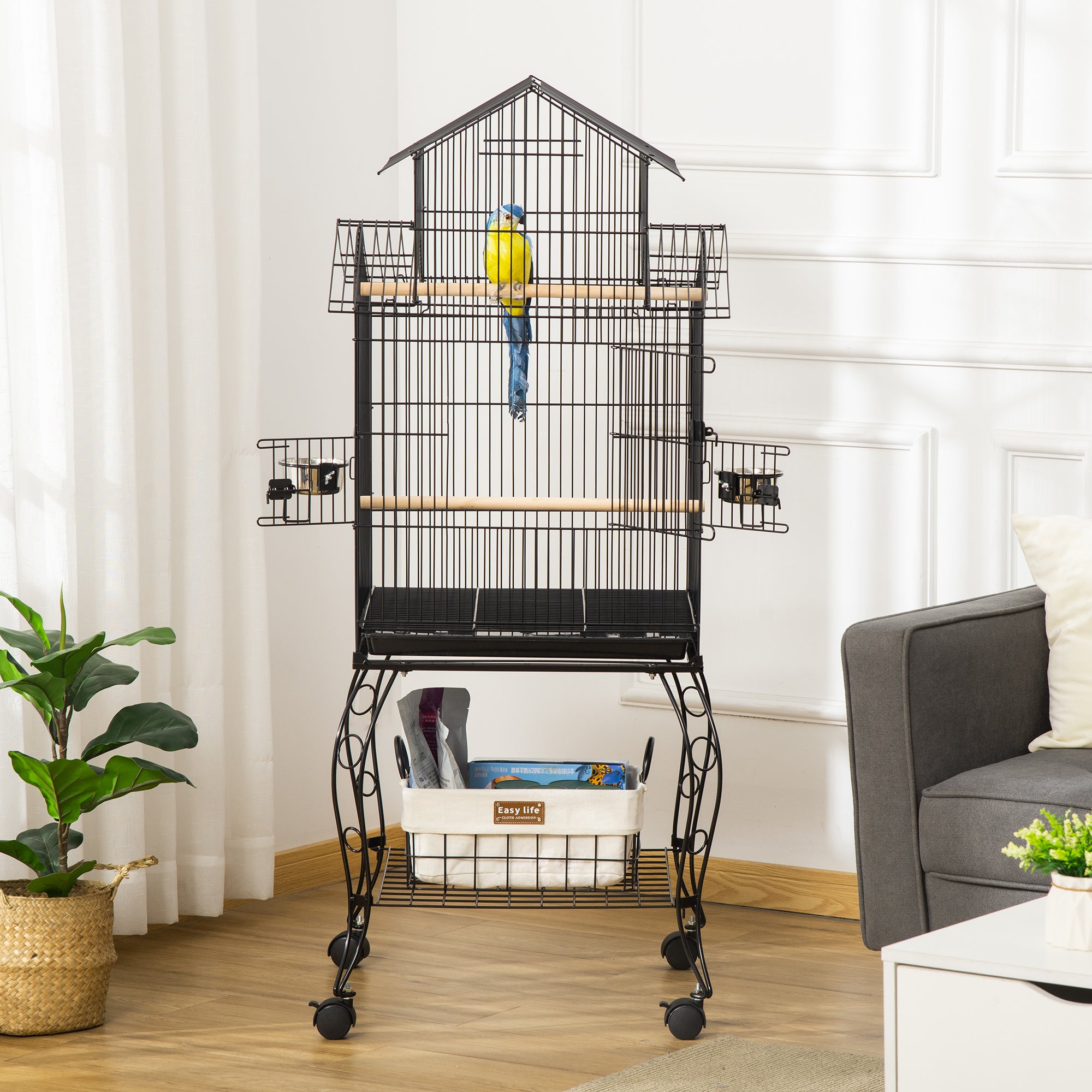 53.9'' Large Rolling Steel Bird Cage Bird House with Detachable Rolling Stand, Storage Shelf, Wood Perch, Food Container, Black