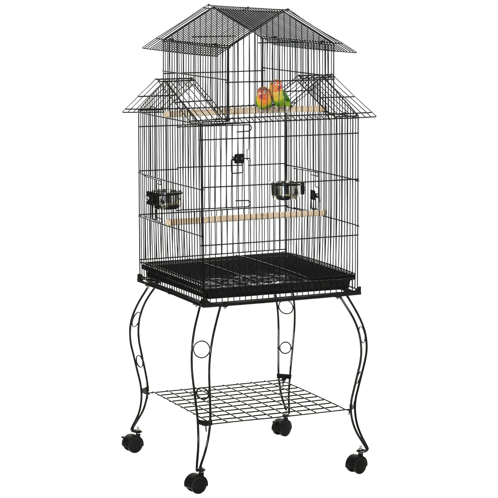 53.9'' Large Rolling Steel Bird Cage Bird House with Detachable Rolling Stand, Storage Shelf, Wood Perch, Food Container, Black