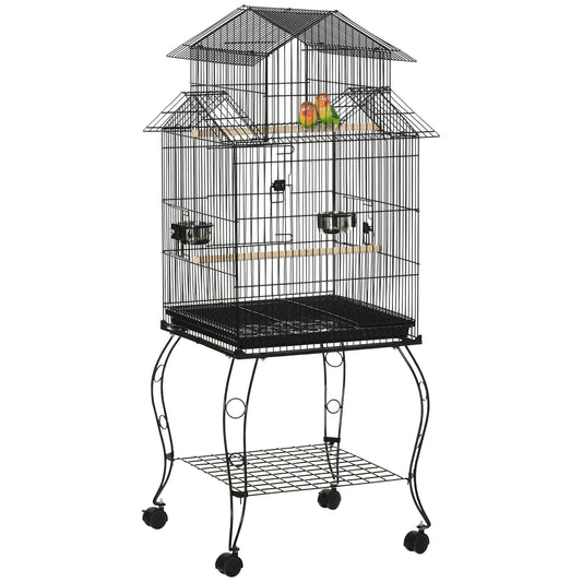 53.9'' Large Rolling Steel Bird Cage Bird House with Detachable Rolling Stand, Storage Shelf, Wood Perch, Food Container, Black