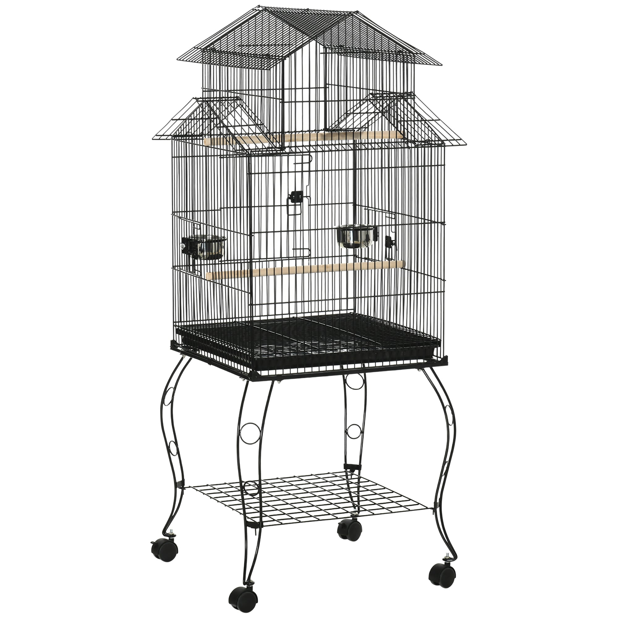 53.9'' Large Rolling Steel Bird Cage Bird House with Detachable Rolling Stand, Storage Shelf, Wood Perch, Food Container, Black