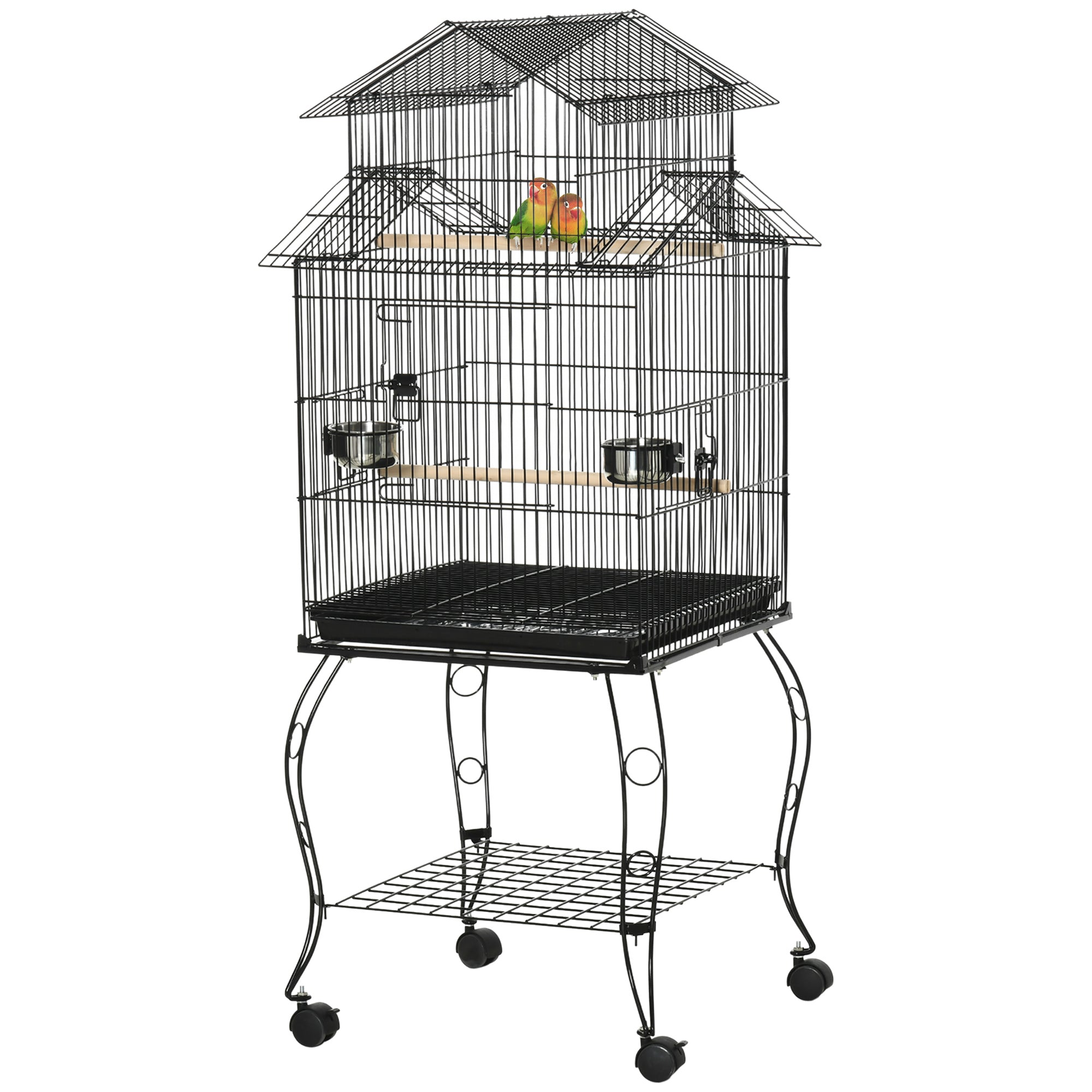 53.9'' Large Rolling Steel Bird Cage Bird House with Detachable Rolling Stand, Storage Shelf, Wood Perch, Food Container, Black