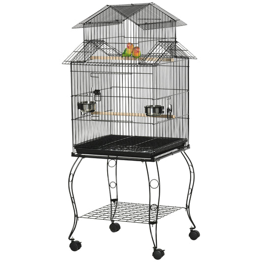53.9'' Large Rolling Steel Bird Cage Bird House with Detachable Rolling Stand, Storage Shelf, Wood Perch, Food Container, Black