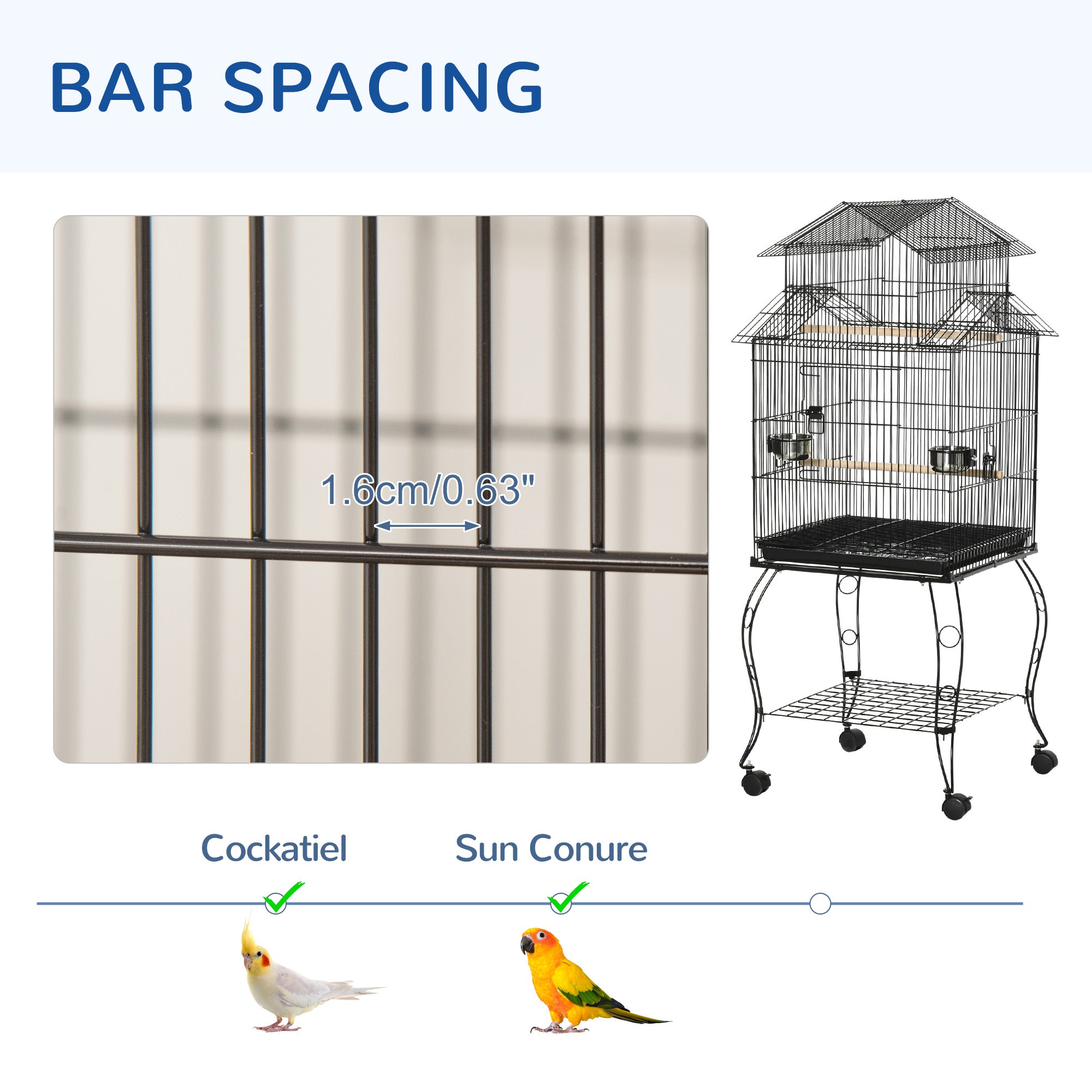 53.9'' Large Rolling Steel Bird Cage Bird House with Detachable Rolling Stand, Storage Shelf, Wood Perch, Food Container, Black