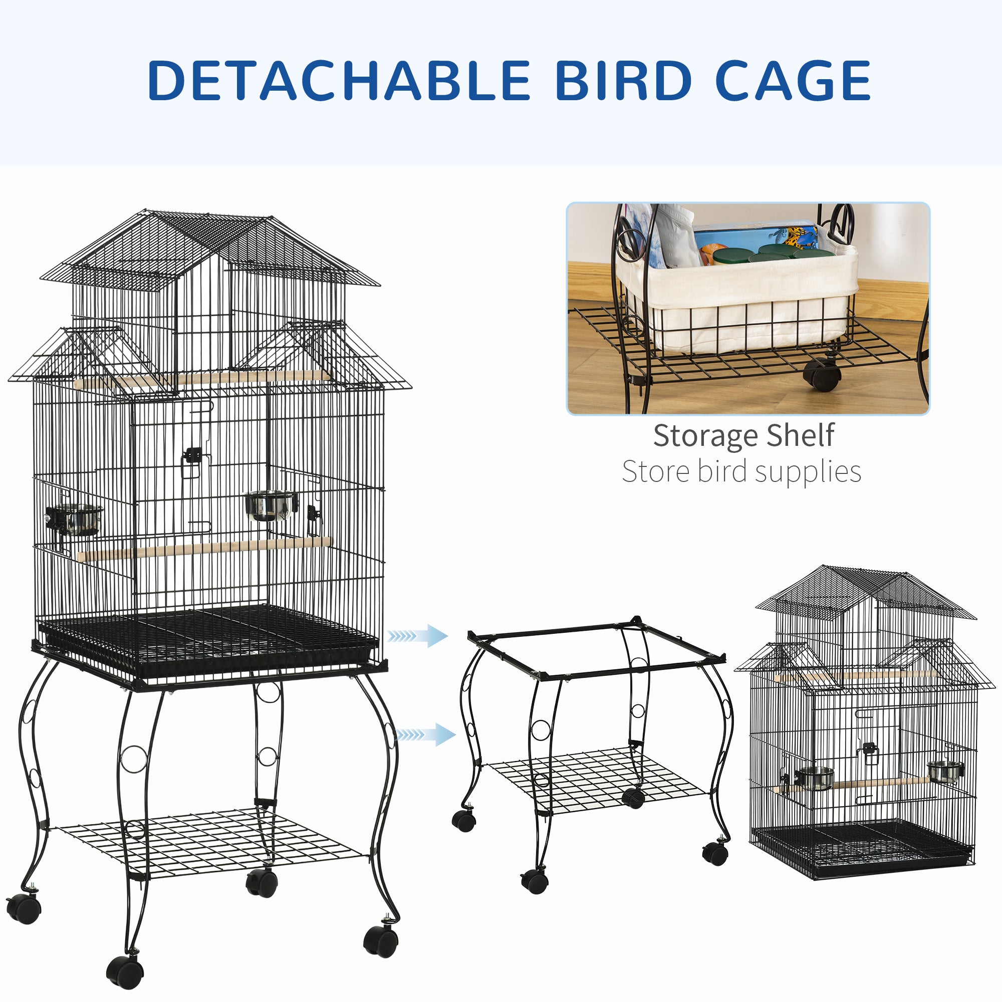53.9'' Large Rolling Steel Bird Cage Bird House with Detachable Rolling Stand, Storage Shelf, Wood Perch, Food Container, Black