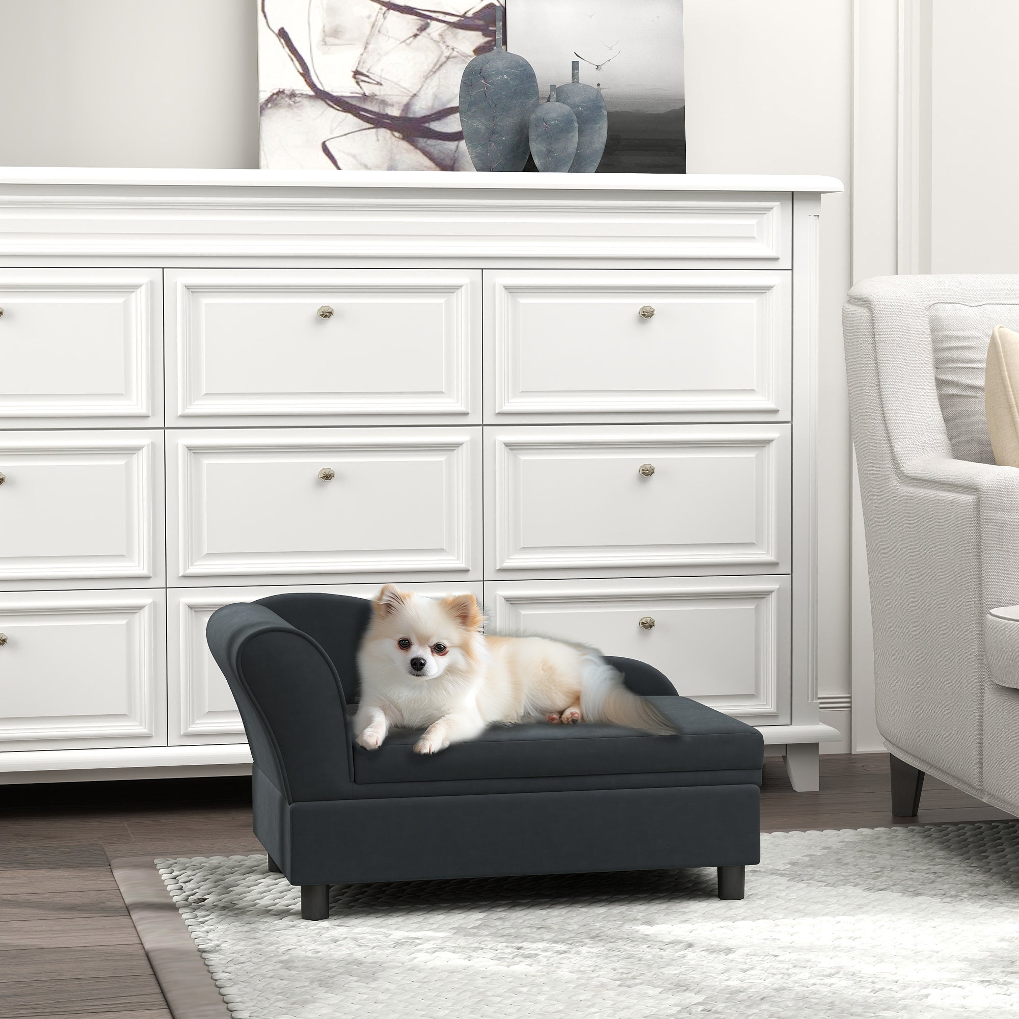 PawHut Luxury Fancy Dog Bed for Small Dogs with Hidden Storage, Small Dog Couch with Soft 2" Foam, Dog Sofa Bed, Cushy Dog Bed, Modern Pet Furniture for Puppies and Little Breeds, Dark Gray