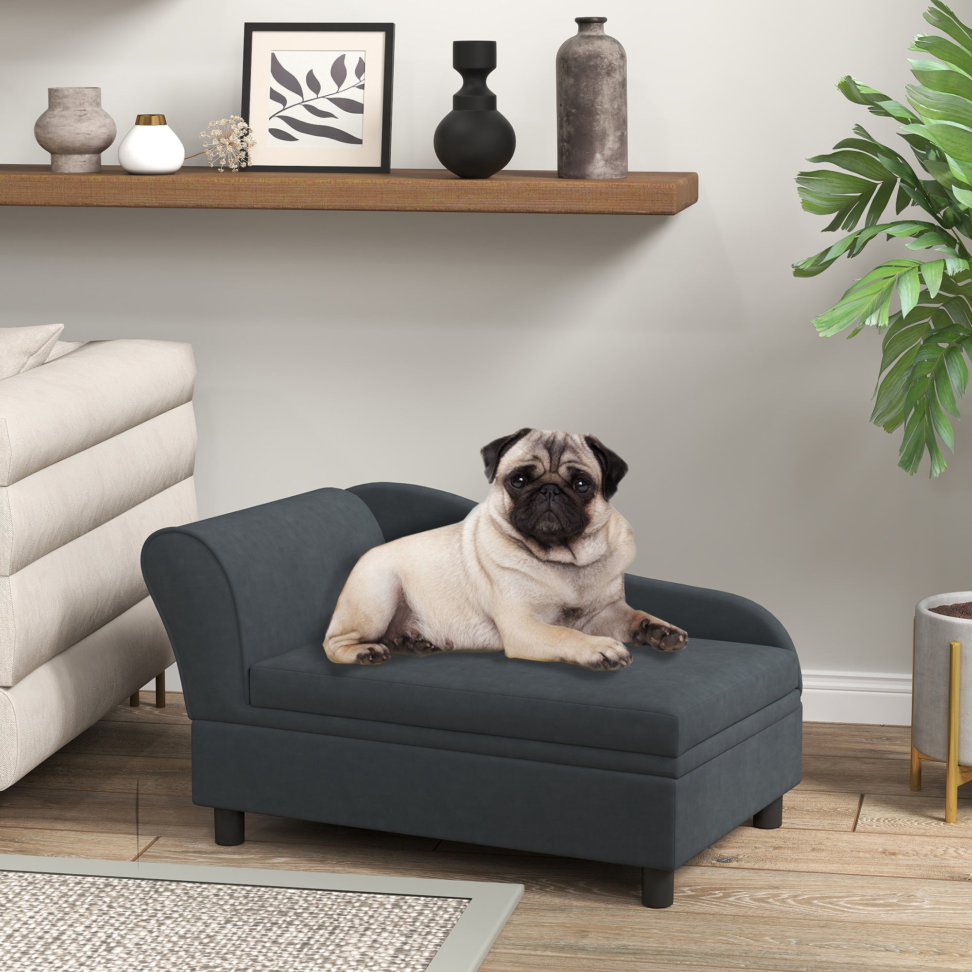 PawHut Luxury Fancy Dog Bed for Small Dogs with Hidden Storage, Small Dog Couch with Soft 2" Foam, Dog Sofa Bed, Cushy Dog Bed, Modern Pet Furniture for Puppies and Little Breeds, Dark Gray