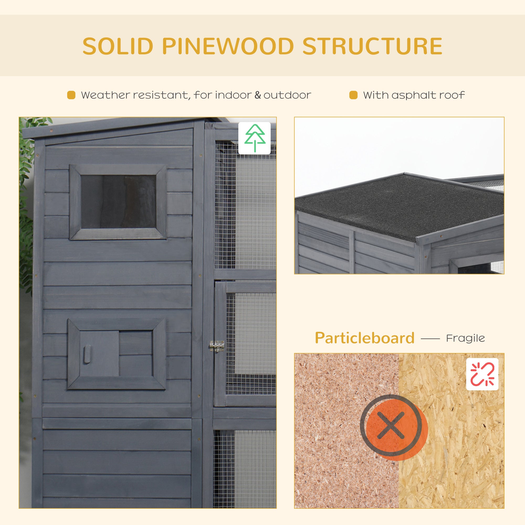 PawHut Catio Outdoor Cat Enclosure, Wooden Cat Patio Cat Window Box with Platforms, Waterproof Asphalt Roof, Ramps, 77" L, Gray