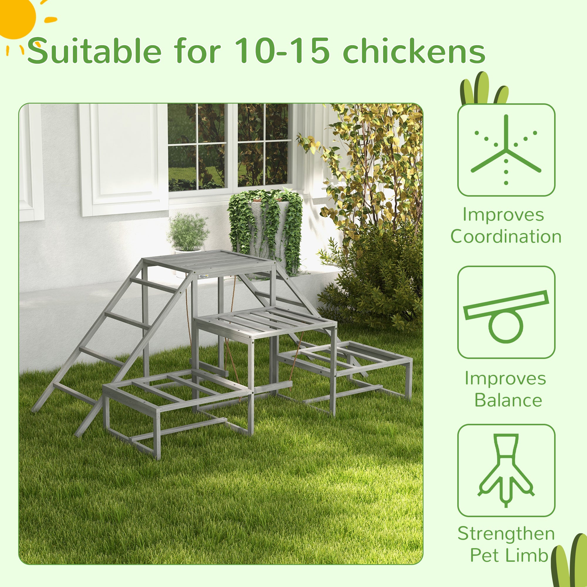 PawHut Chicken Perch for Coop with Swing Set, Chicken Toys, Chicken Coop Accessories for Poultry Run with Wood Stand, Ladder, Platforms, for 10-15 Chickens, Gray