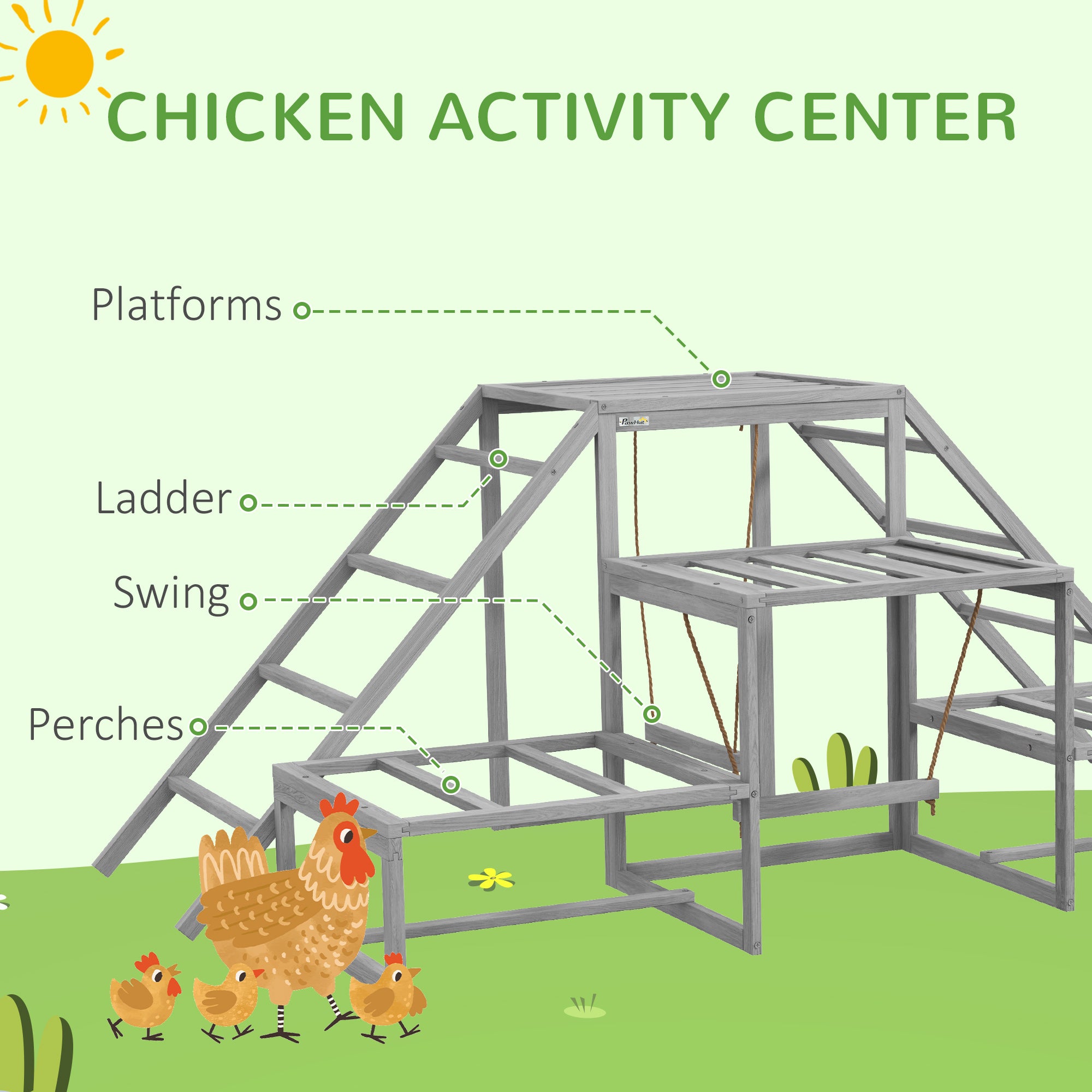 PawHut Chicken Perch for Coop with Swing Set, Chicken Toys, Chicken Coop Accessories for Poultry Run with Wood Stand, Ladder, Platforms, for 10-15 Chickens, Gray