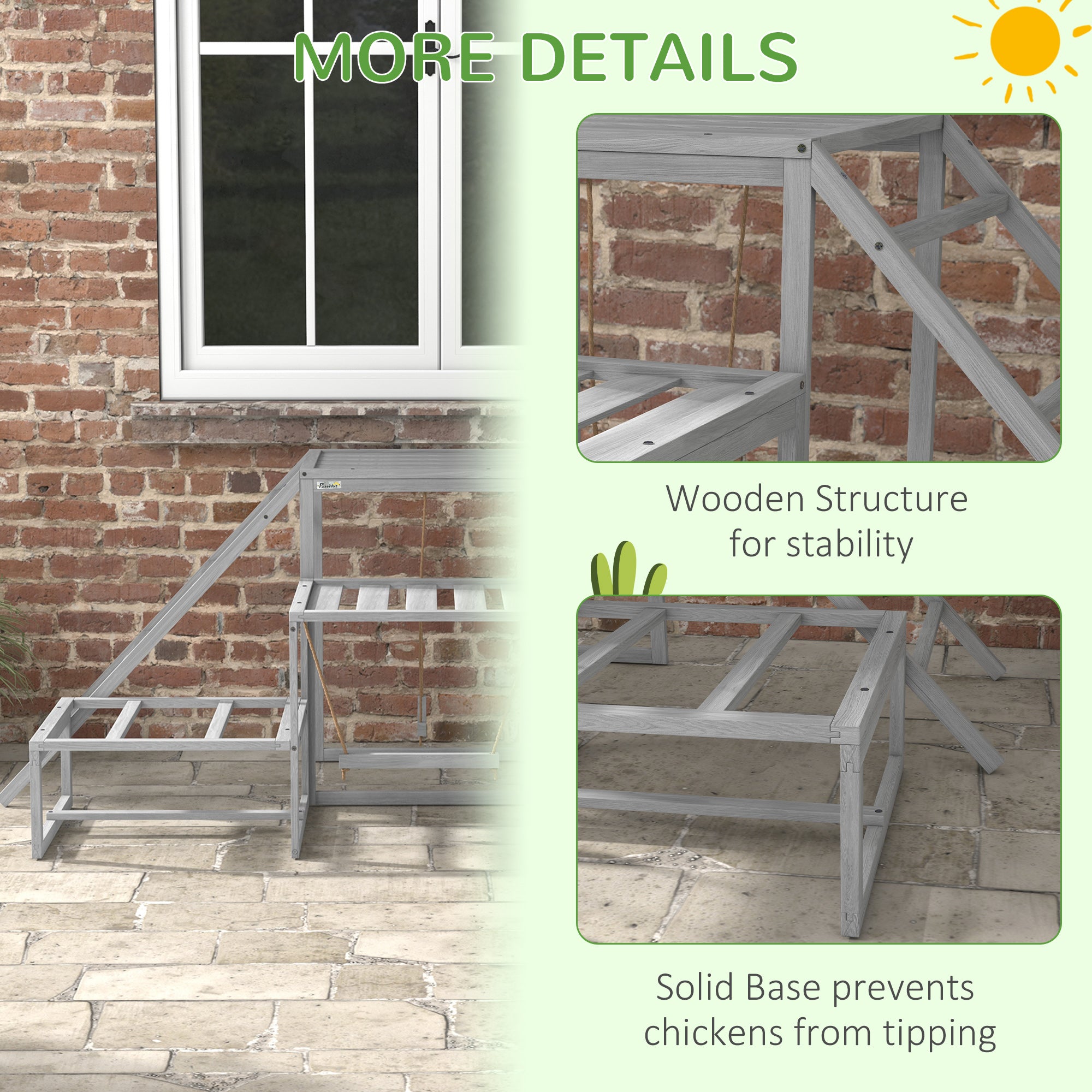 PawHut Chicken Perch for Coop with Swing Set, Chicken Toys, Chicken Coop Accessories for Poultry Run with Wood Stand, Ladder, Platforms, for 10-15 Chickens, Gray