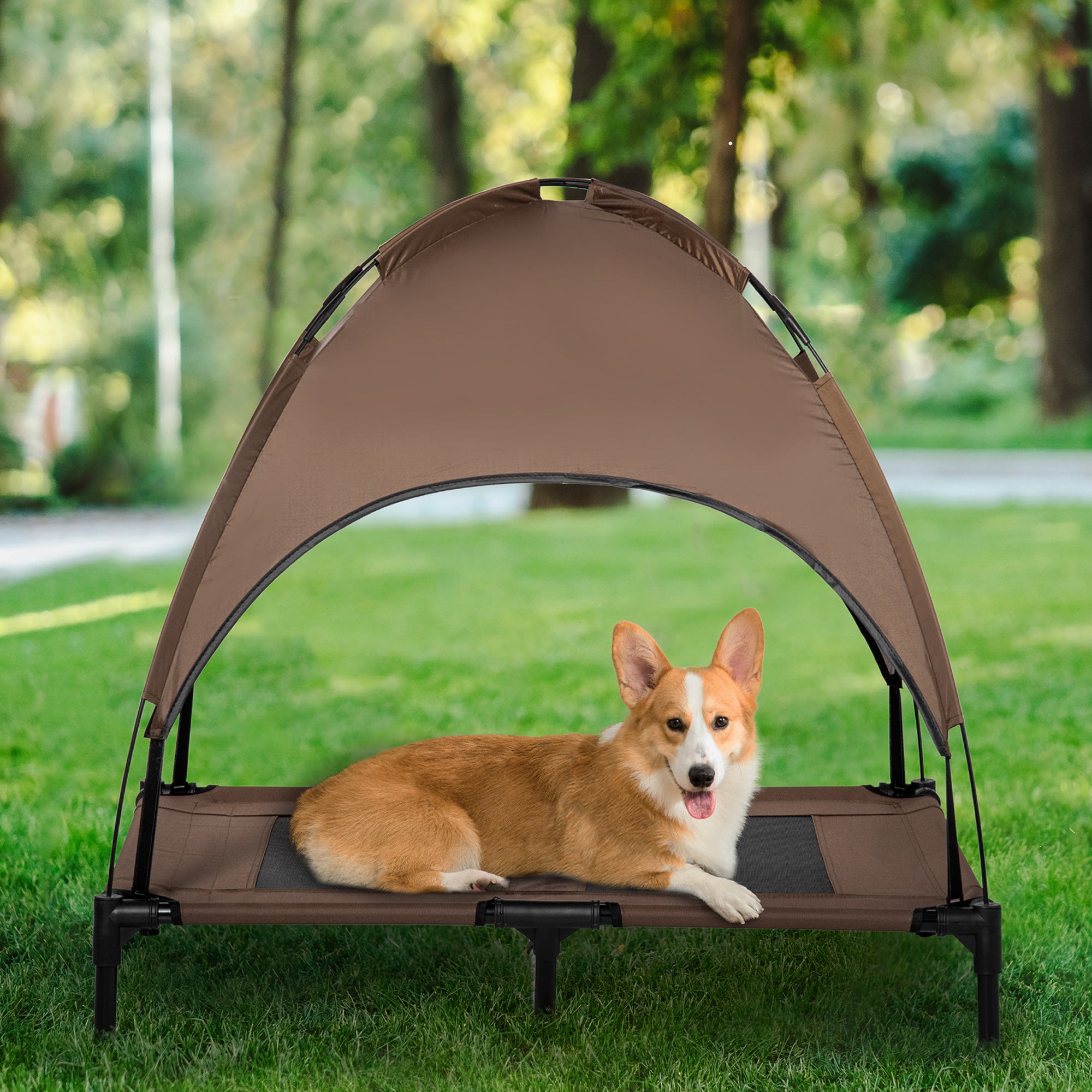 PawHut Elevated Dog Bed with Removable Canopy, Outdoor Dog Cot with UV Protection Canopy Shade, 36 inch Large Pet Bed for Camping, Coffee