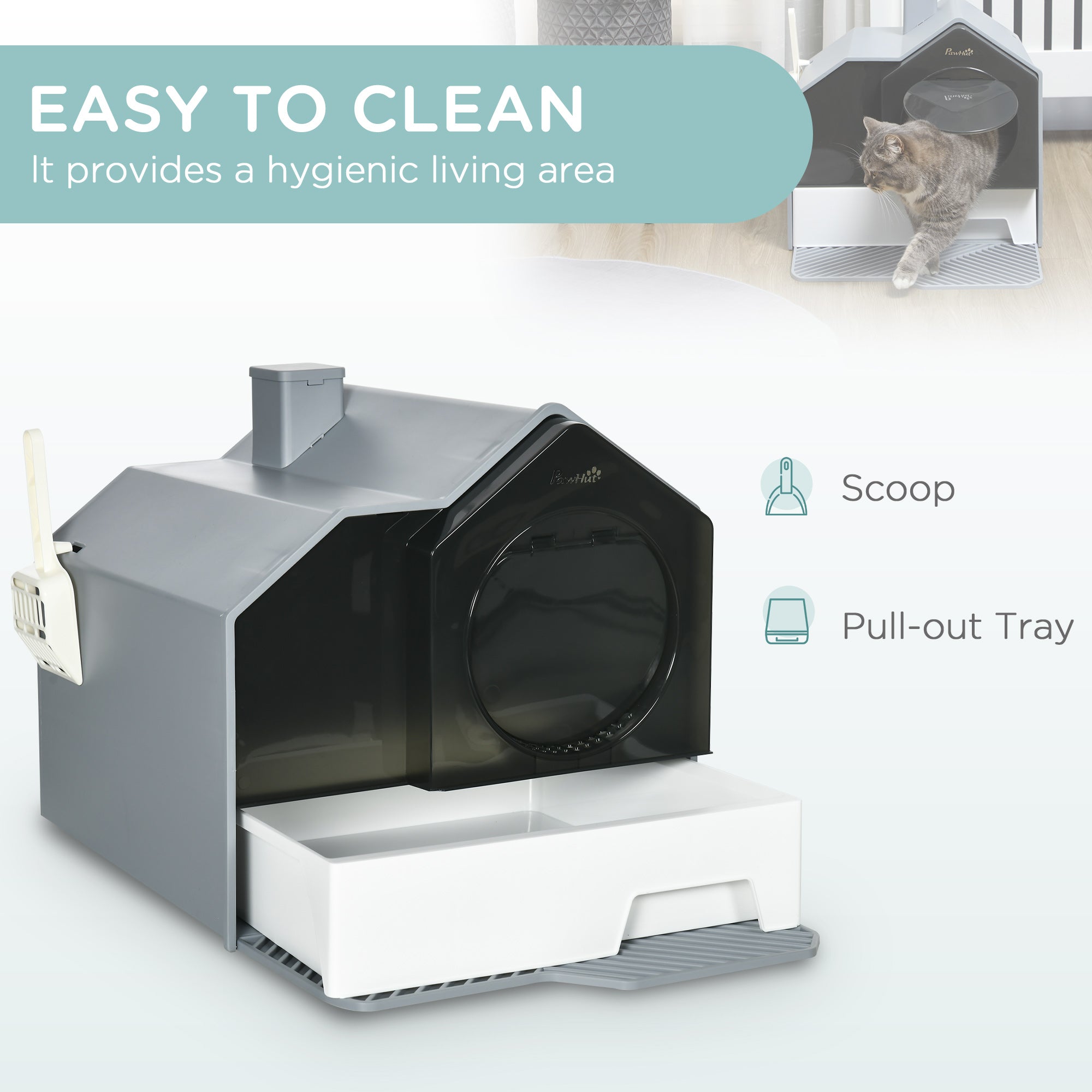 Hooded Cat Litter Box with Lid, Kitty Litter Pan with Pull-Out Drawer, Handle, Scoop, Deodorizer Packs for Odor Control & Easy-Clean, Grey
