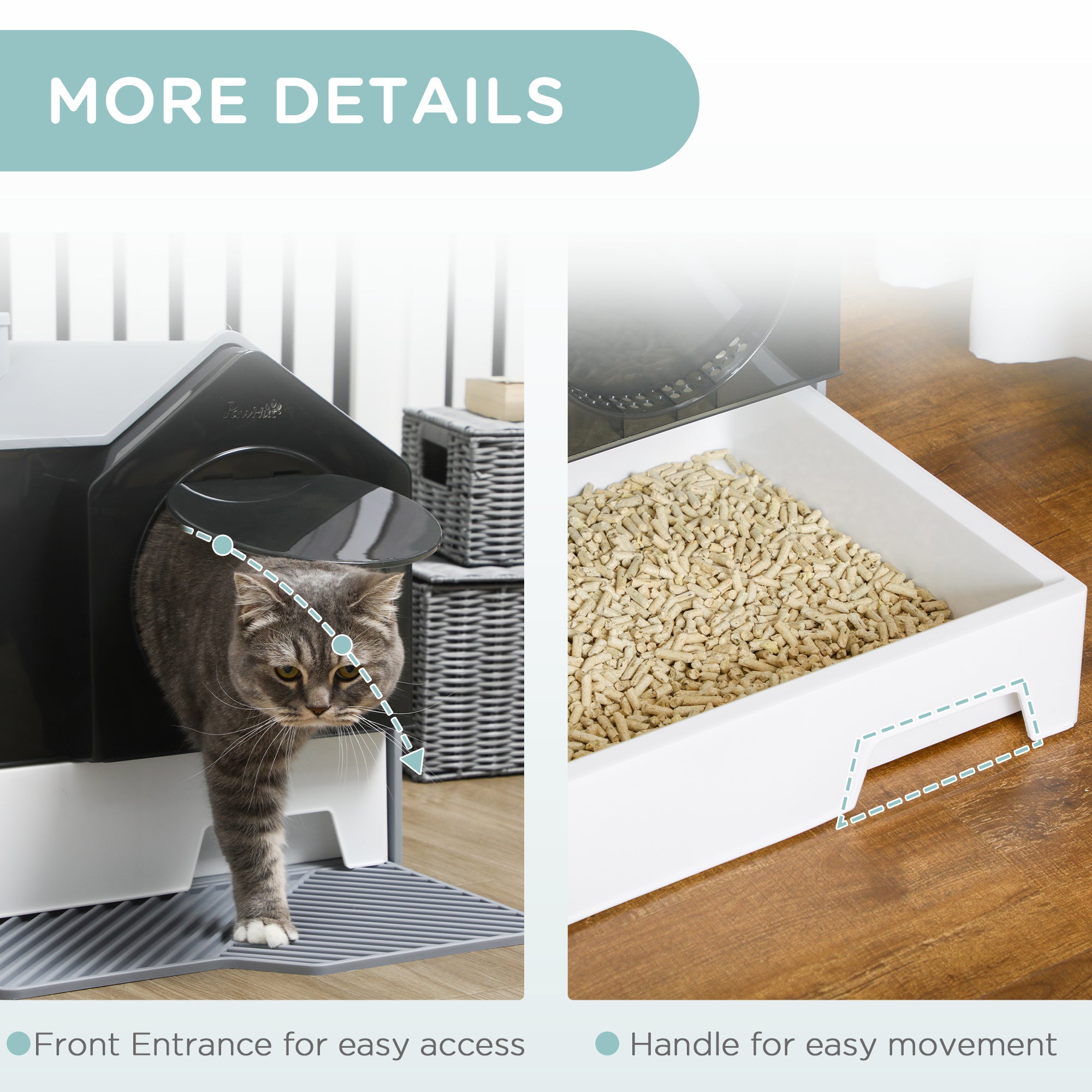 Hooded Cat Litter Tray with Scoop, Cat Litter Box with Drawer Pan, Handle, Deodorants, Hut Design, Front Entrance, 47 x 45 x 42cm - Grey