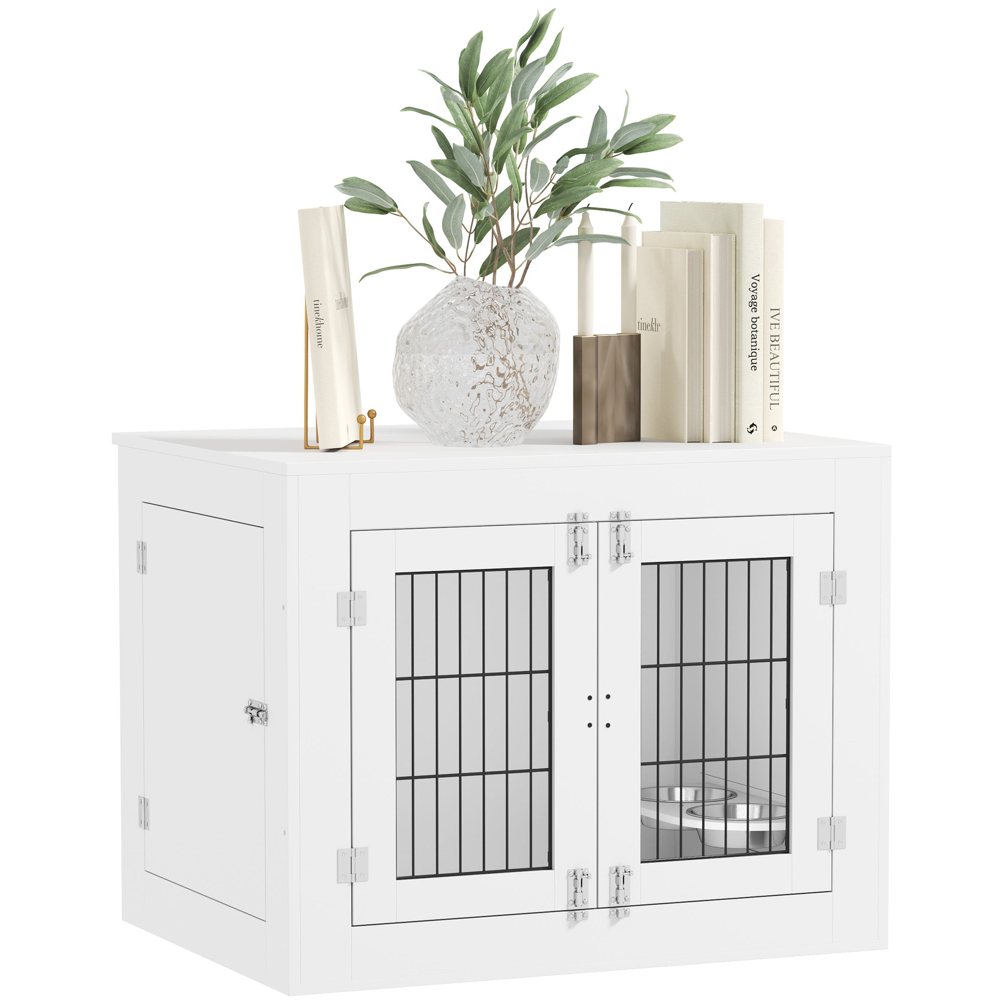 PawHut Dog Crate Furniture w/ 360° Rotatable Removable Dog Bowls, Dog Kennel Furniture w/ Two Doors, Non-slip Foot Pads, Furniture Dog Crate End Side Table for Medium Dogs, 31.5" x 24" x 25", White