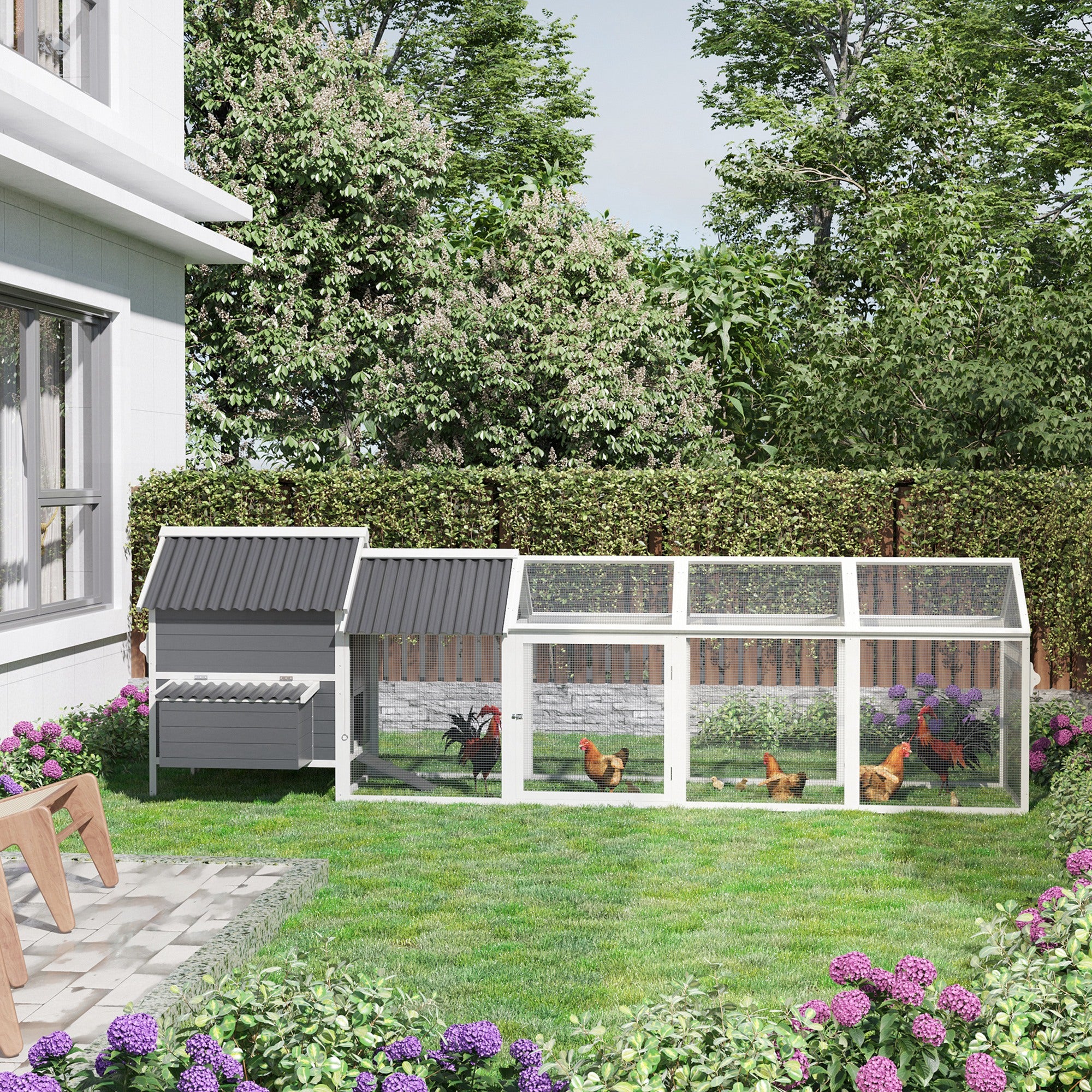 PawHut 162" Large Chicken Coop Wooden for 6-8 Chickens with Handles, Outdoor Chicken Cage Hen House with 2 Nesting Boxes, Water-resistant Roof, Removable Tray, Ramp, Storm Gray