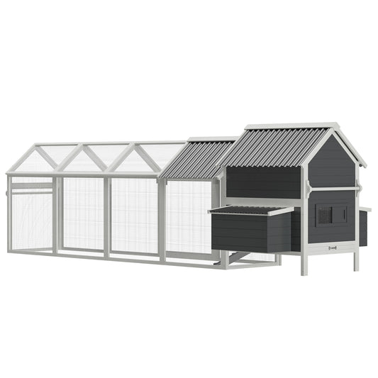 PawHut 162" Large Chicken Coop Wooden for 6-8 Chickens with Handles, Outdoor Chicken Cage Hen House with 2 Nesting Boxes, Water-resistant Roof, Removable Tray, Ramp, Storm Gray